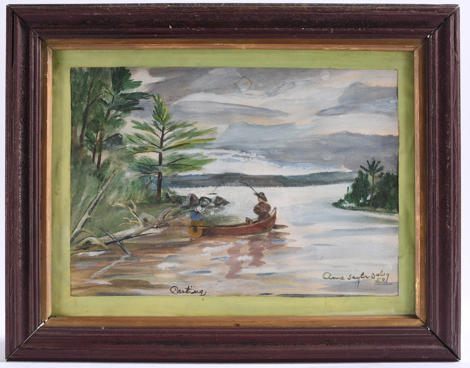 Anne Saylor Daley Watercolor "Casting" Painting dated 1950: 18"x14" Original watercolor painting titled "Casting" by Anne Saylor Daley, dated 1950, depicting two figures fishing from a canoe along a wooded lakeshore. Signed and titled by the artist.