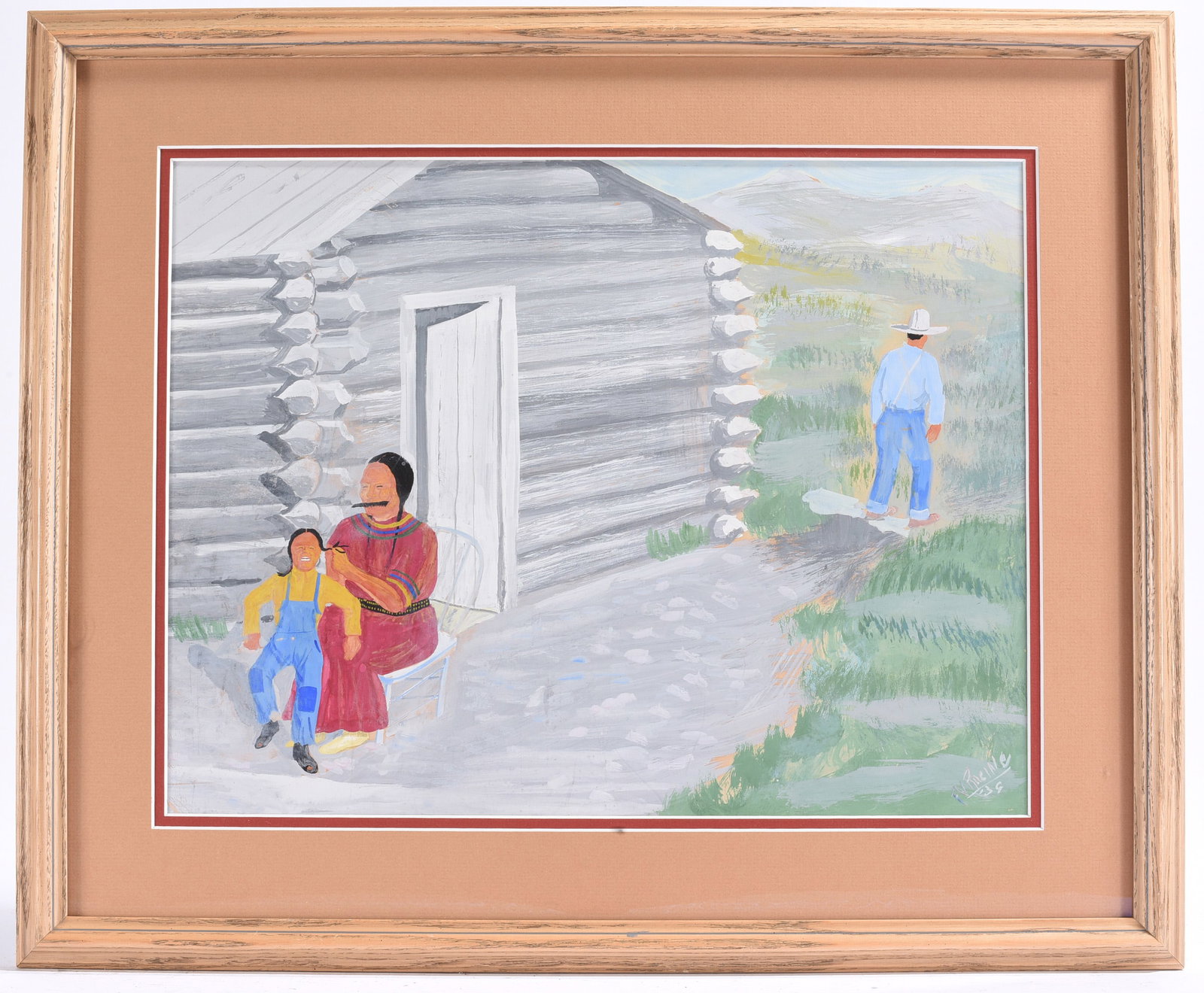 Naive Log Cabin Family Folk Art Painting (1 of 2)