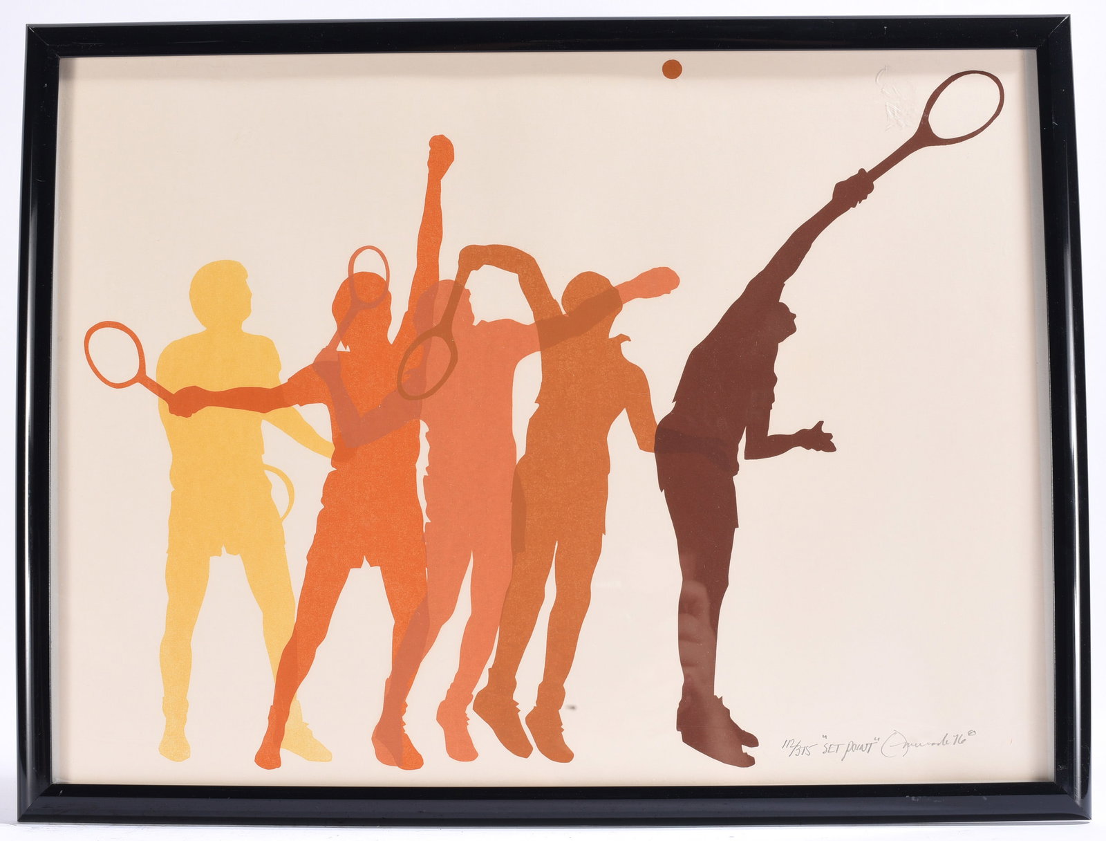 "Set Point" Tennis Serigraph Signed and Numbered: 25"x19" Framed limited edition serigraph titled "Set Point," depicting layered silhouettes of tennis players in motion. Signed, dated 2016, and numbered 11/315 lower right.