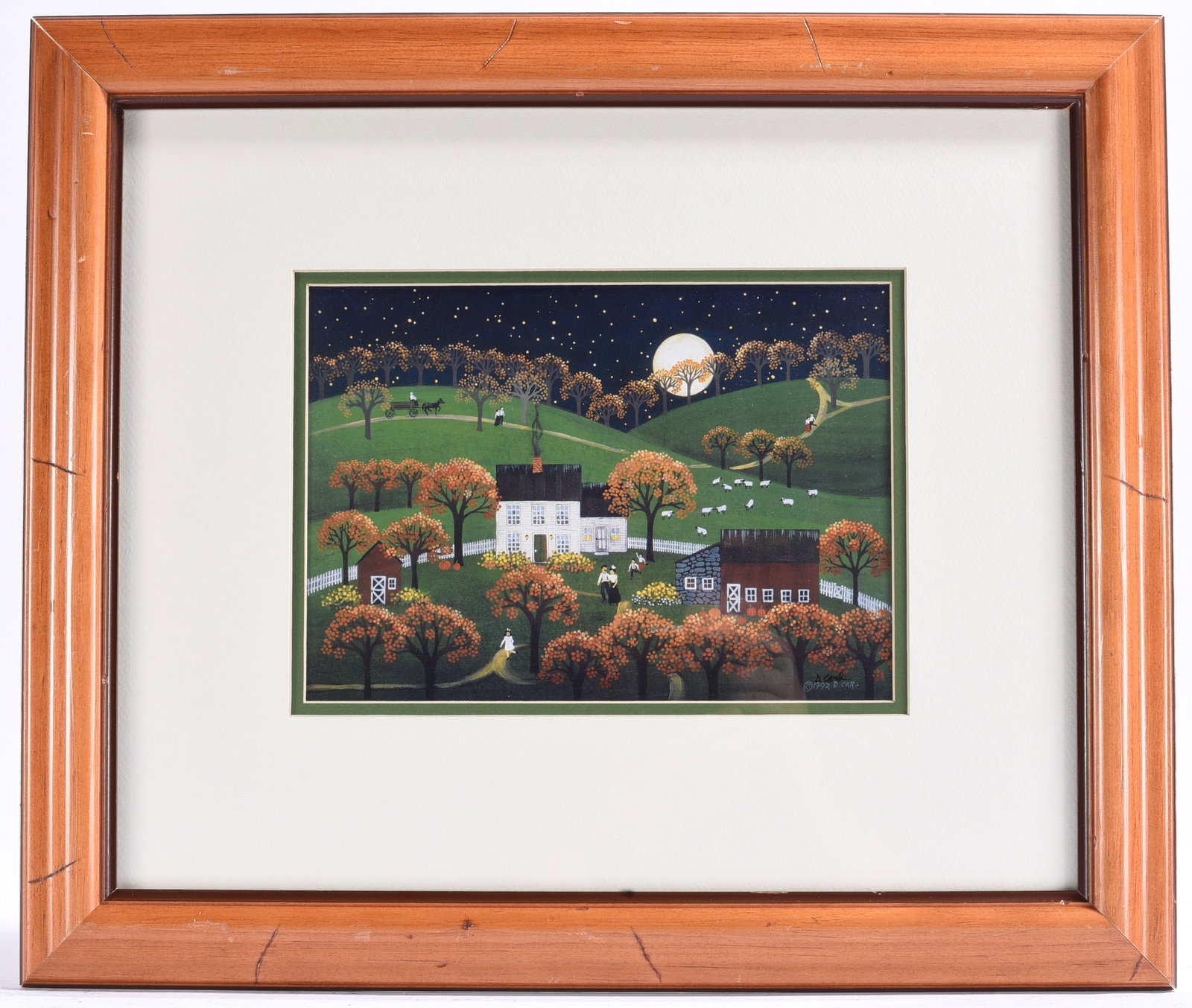 D. Carr Moonlit Farm Folk Art Print Signed: 21"x17" Framed folk art print by D. Carr depicting a moonlit farmhouse, rolling hills, livestock, and figures beneath a star-filled night sky. Dated 1992 in the image.