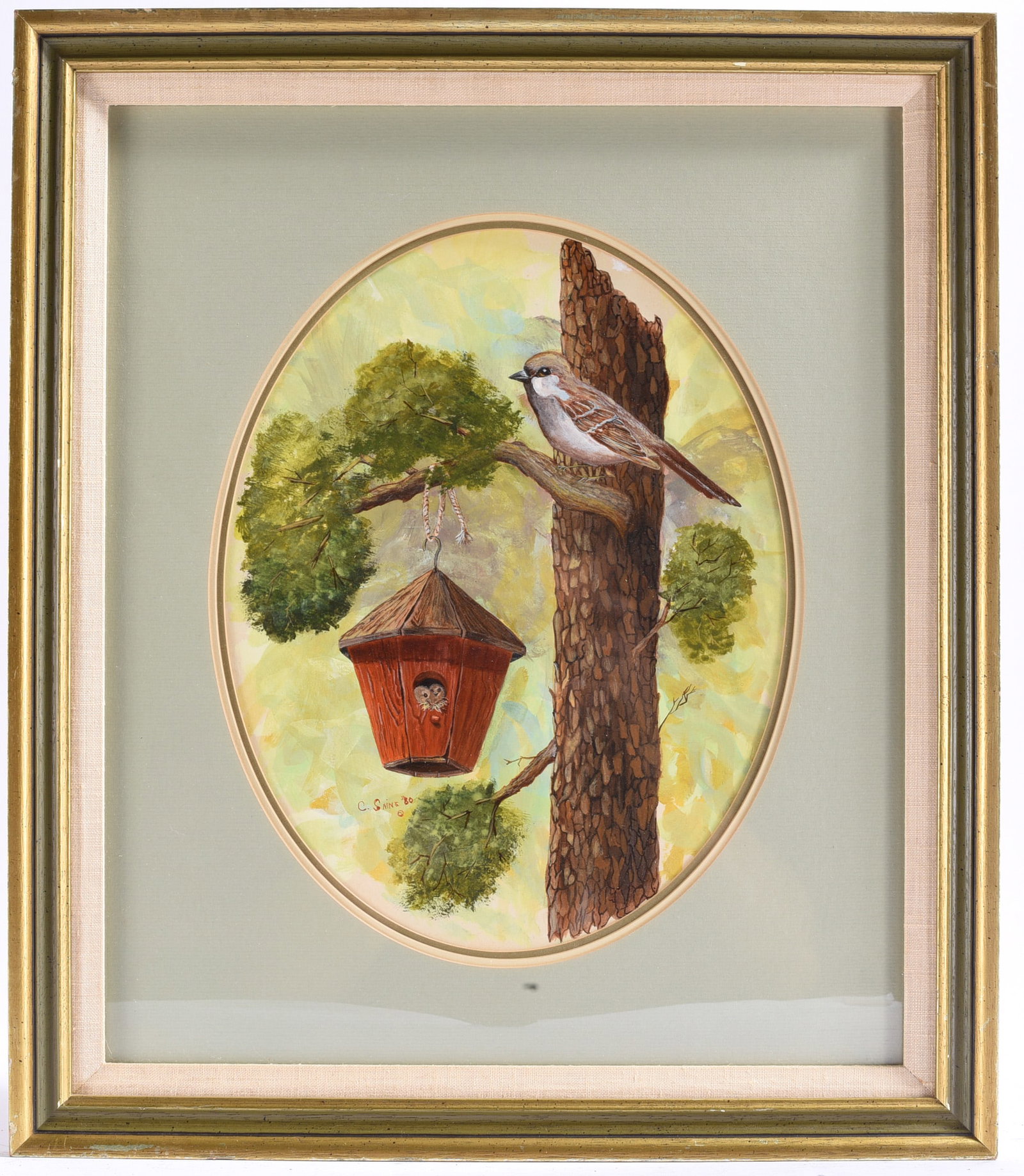 C. Sain Birdhouse and Songbird Signed Painting: 17"x20 Original bird painting by C. Sain, dated 1980, depicting a songbird perched beside a hanging birdhouse with an owl peeking from the entrance. Matted and framed under glass.