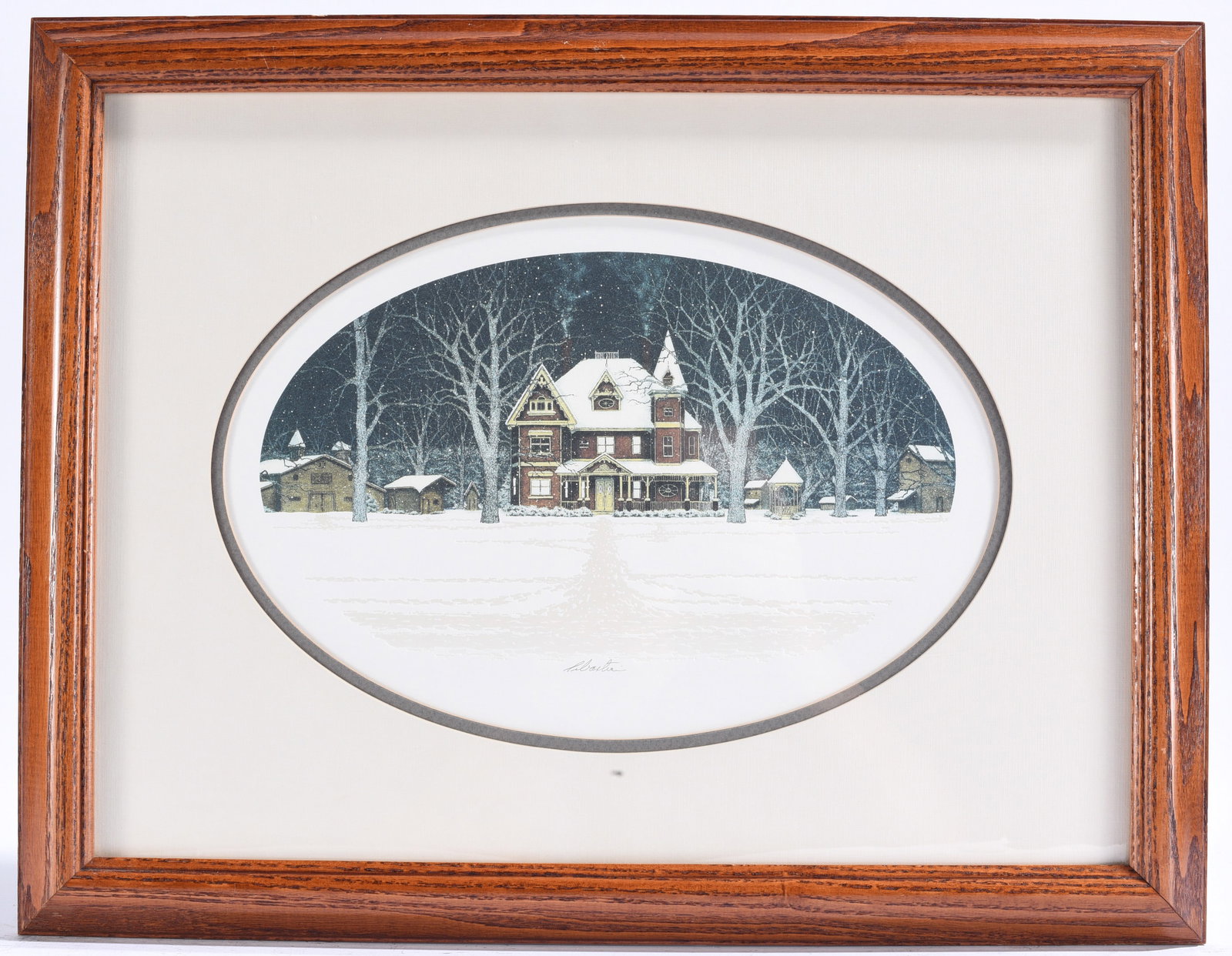 Pencil Signed Winter Victorian Home Print: 18"x14" Framed winter print depicting a snow-covered Victorian home beneath a star-filled night sky. Oval matted presentation with artist signature in the image.