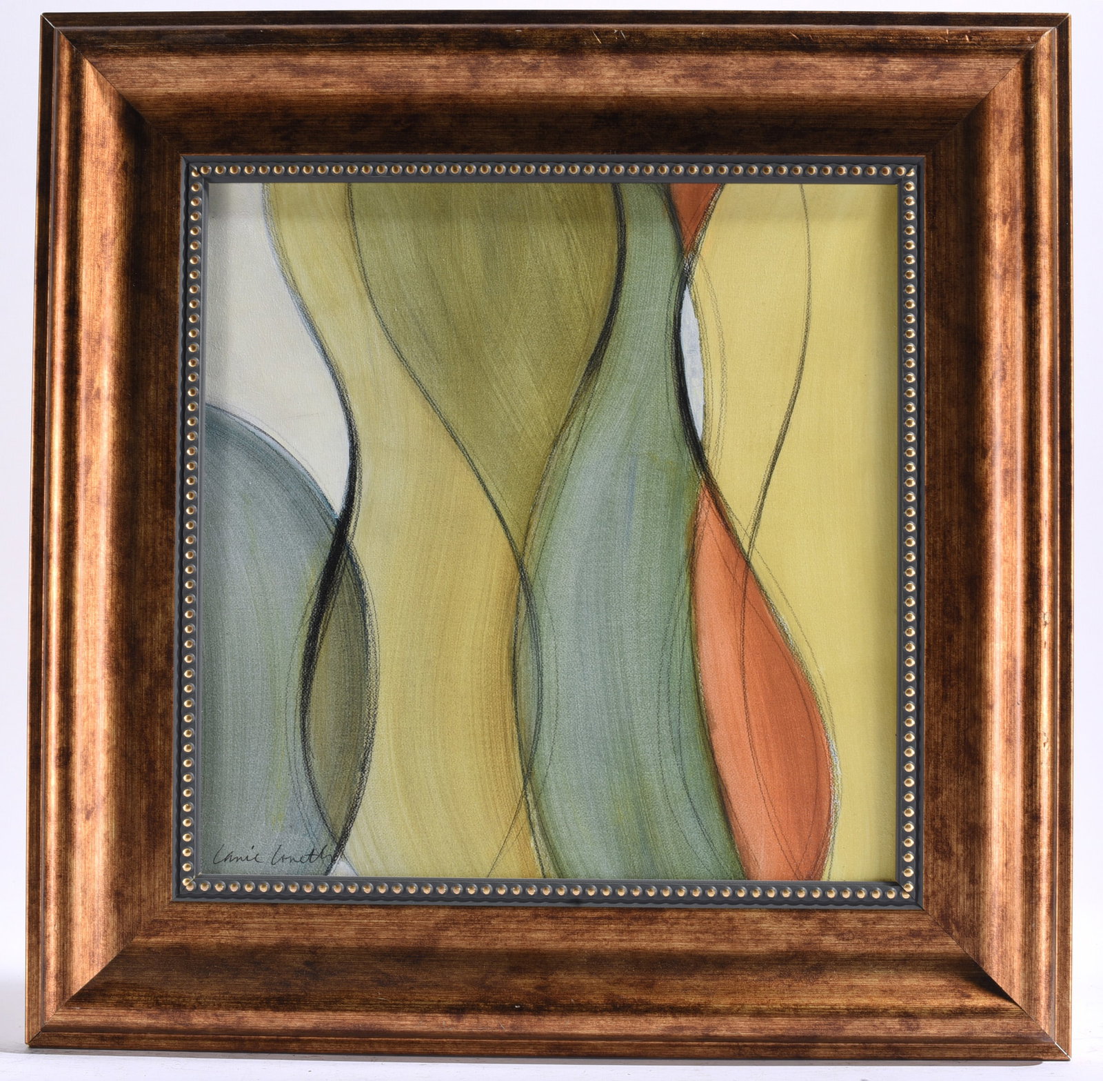 Carrie Cornett Abstract Composition II: 17"x17" Original abstract painting by Carrie Cornett featuring flowing organic forms in shades of pink, cream, and blue. Framed under glass.