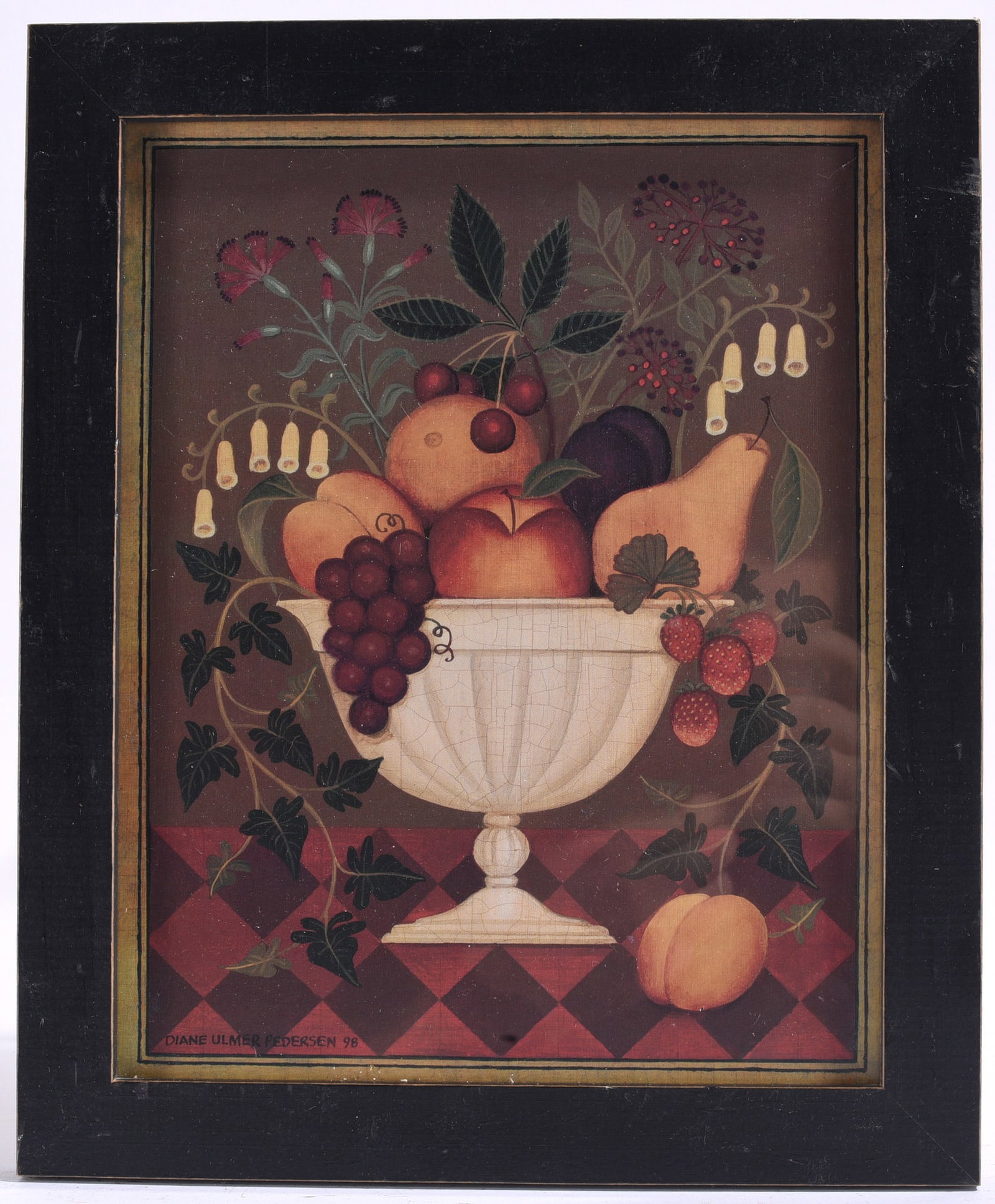 Diane Ulmer Pedersen Fruit Still Life Print: 10"x12" Original still life painting by Diane Ulmer Pedersen, dated 1998, depicting fruit arranged in a classical pedestal bowl with floral accents. Signed and dated lower left.