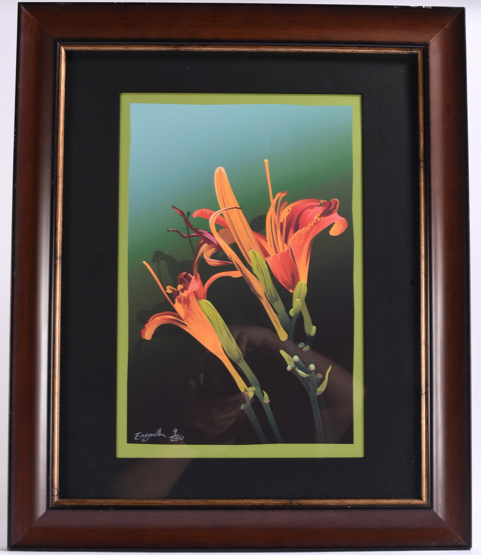 Chris Engnoth Floral Serigraph Signed w/COA: 20"x24" Framed floral serigraph depicting vibrant orange daylilies against a deep green background. Numbered edition 9/250 and signed by the artist.