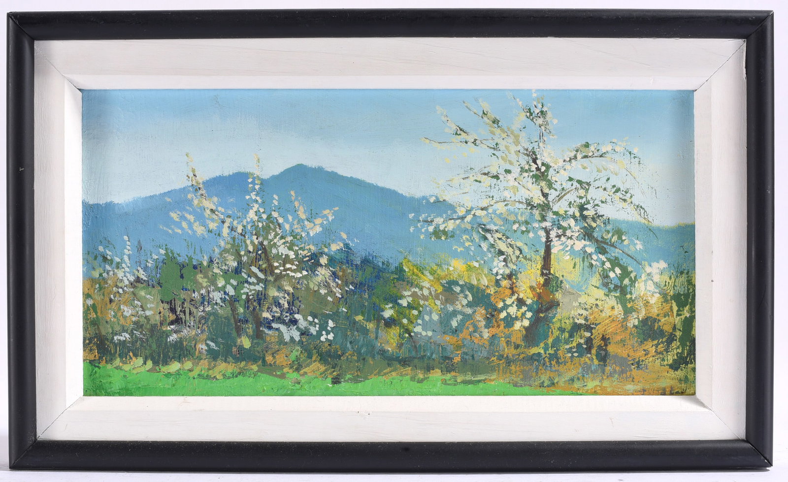 Spring Blossom Landscape Painting: 17.5"x10.5" Original impressionist-style landscape painting depicting flowering trees and rolling blue mountains in spring. Presented in a painted wood frame.