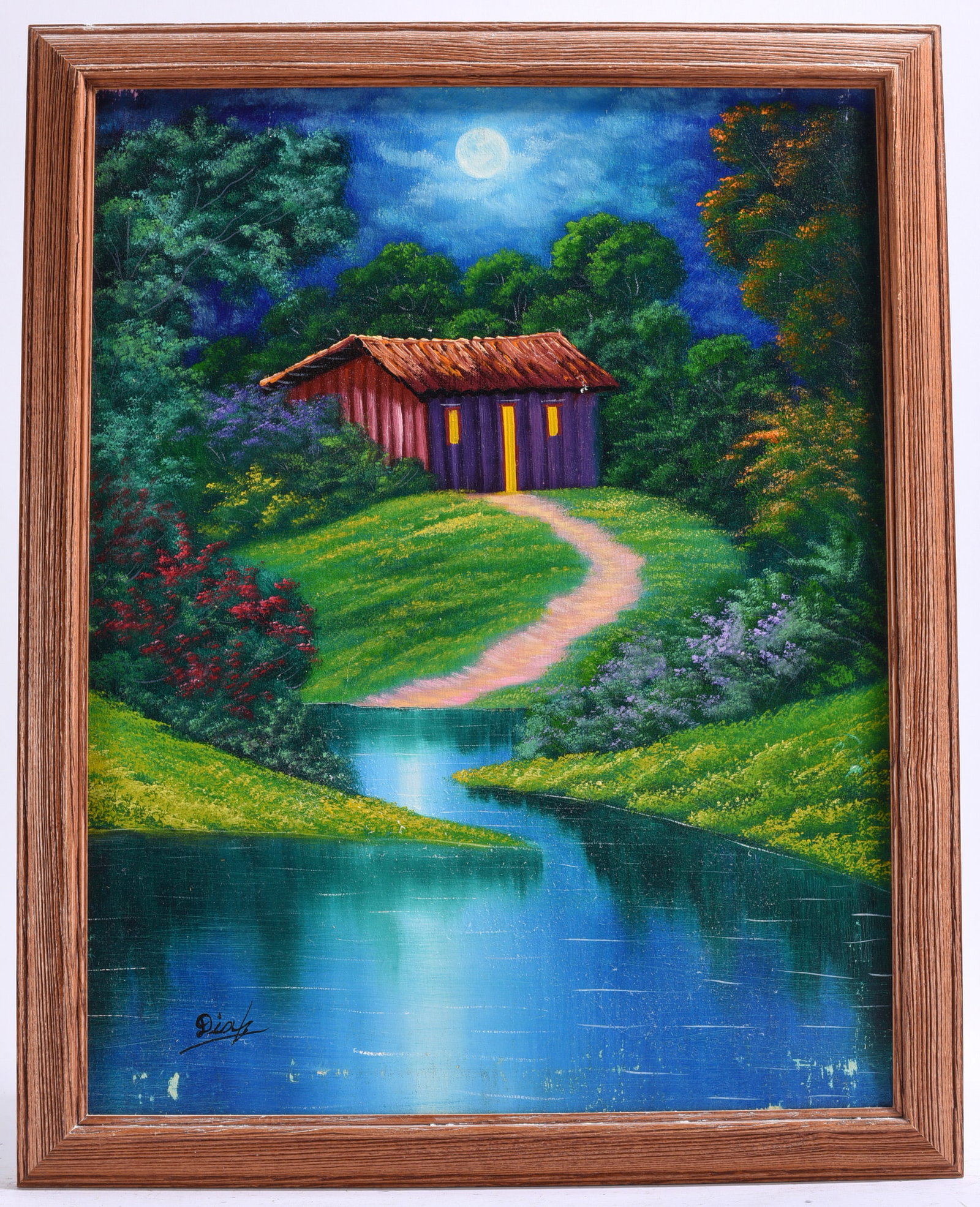 Moonlit Cottage Landscape Painting Signed (1 of 1)