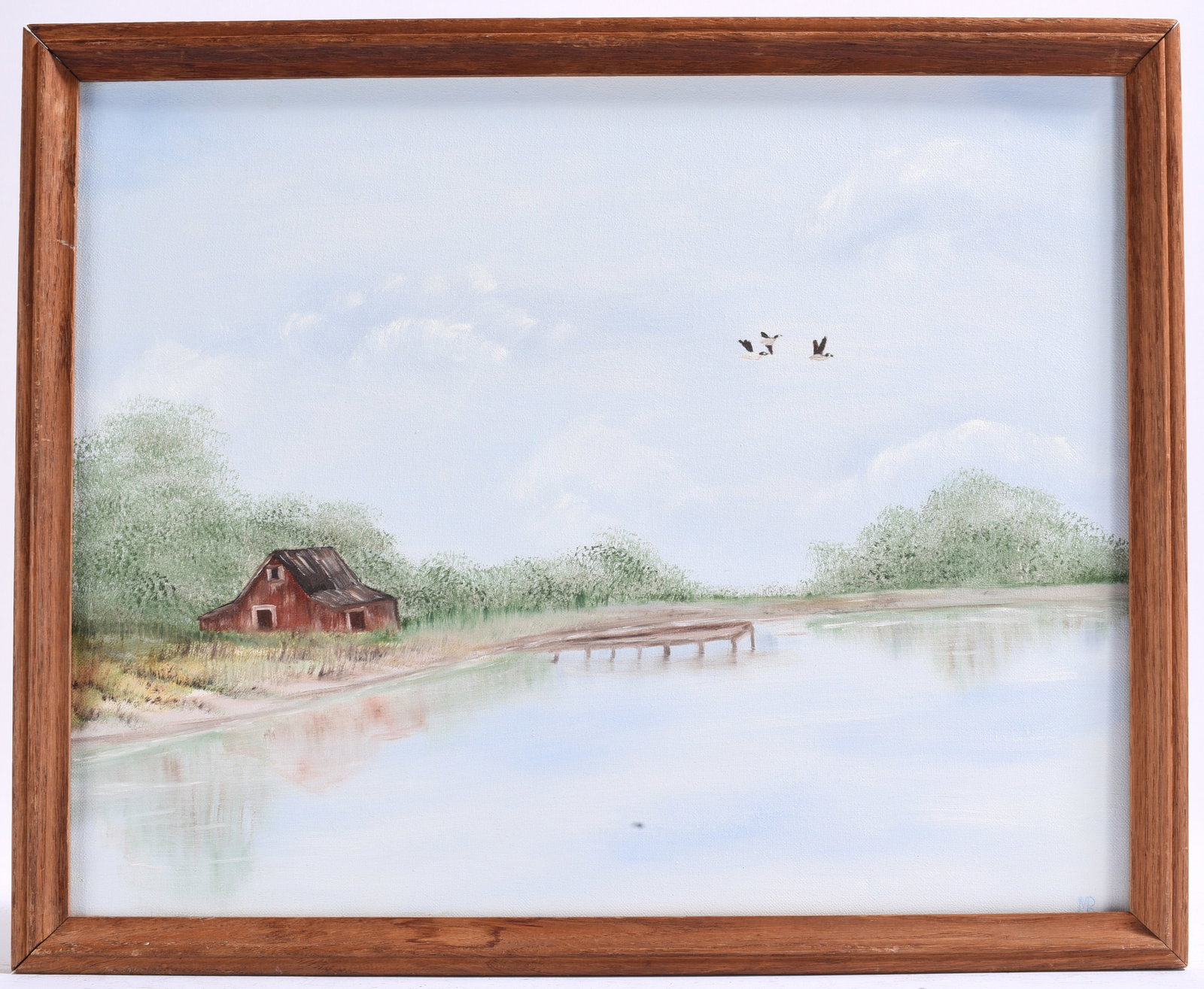 Quiet Lakeside Farm Landscape Painting Signed (1 of 2)
