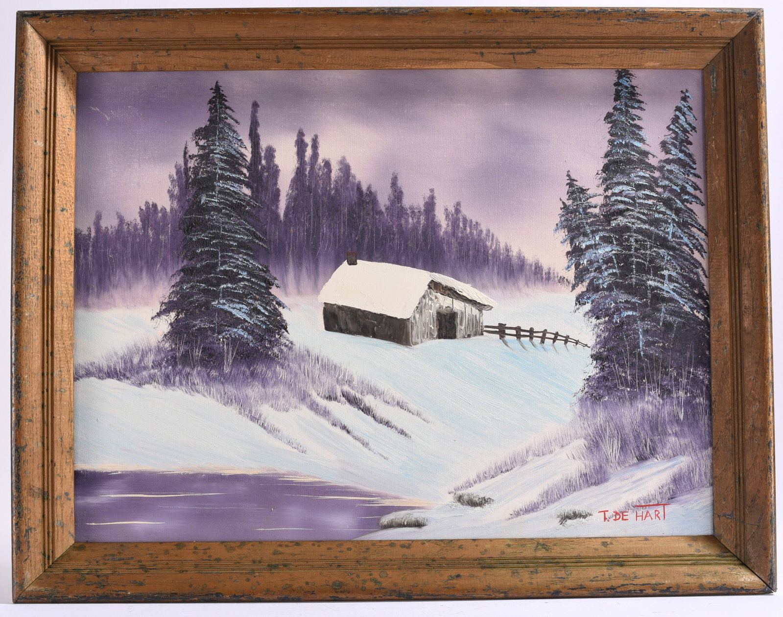 Winter Cabin Landscape Painting Signed T. De Hart: 28"x22" Original winter landscape painting by T. De Hart depicting a snow-covered cabin among evergreen trees beneath a lavender sky. Signed lower right.