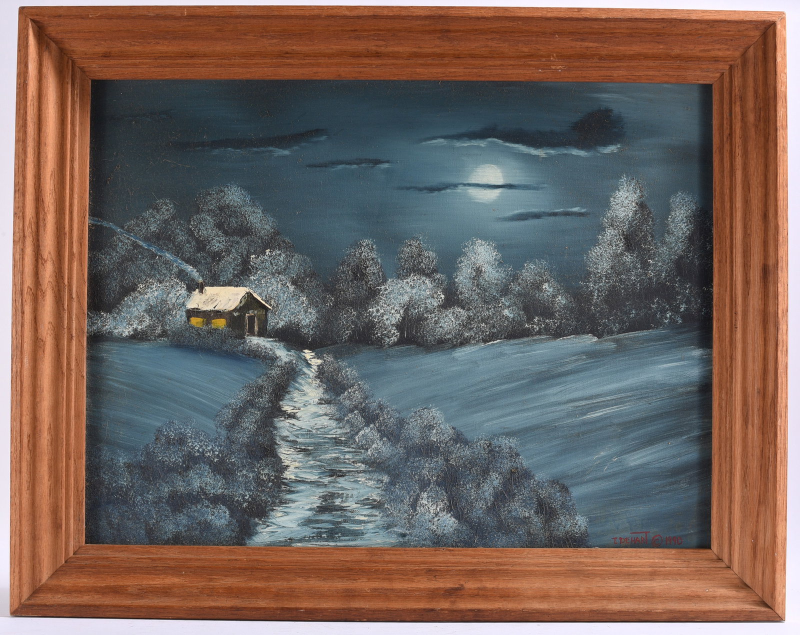 Moonlit Winter Cabin Landscape Painting Signed by T.De Hart: 28.5"x23" Original moonlit winter landscape painting by T. De Hart, dated 1990, depicting a glowing cabin beside a winding stream beneath a full moon. Signed and dated lower right.