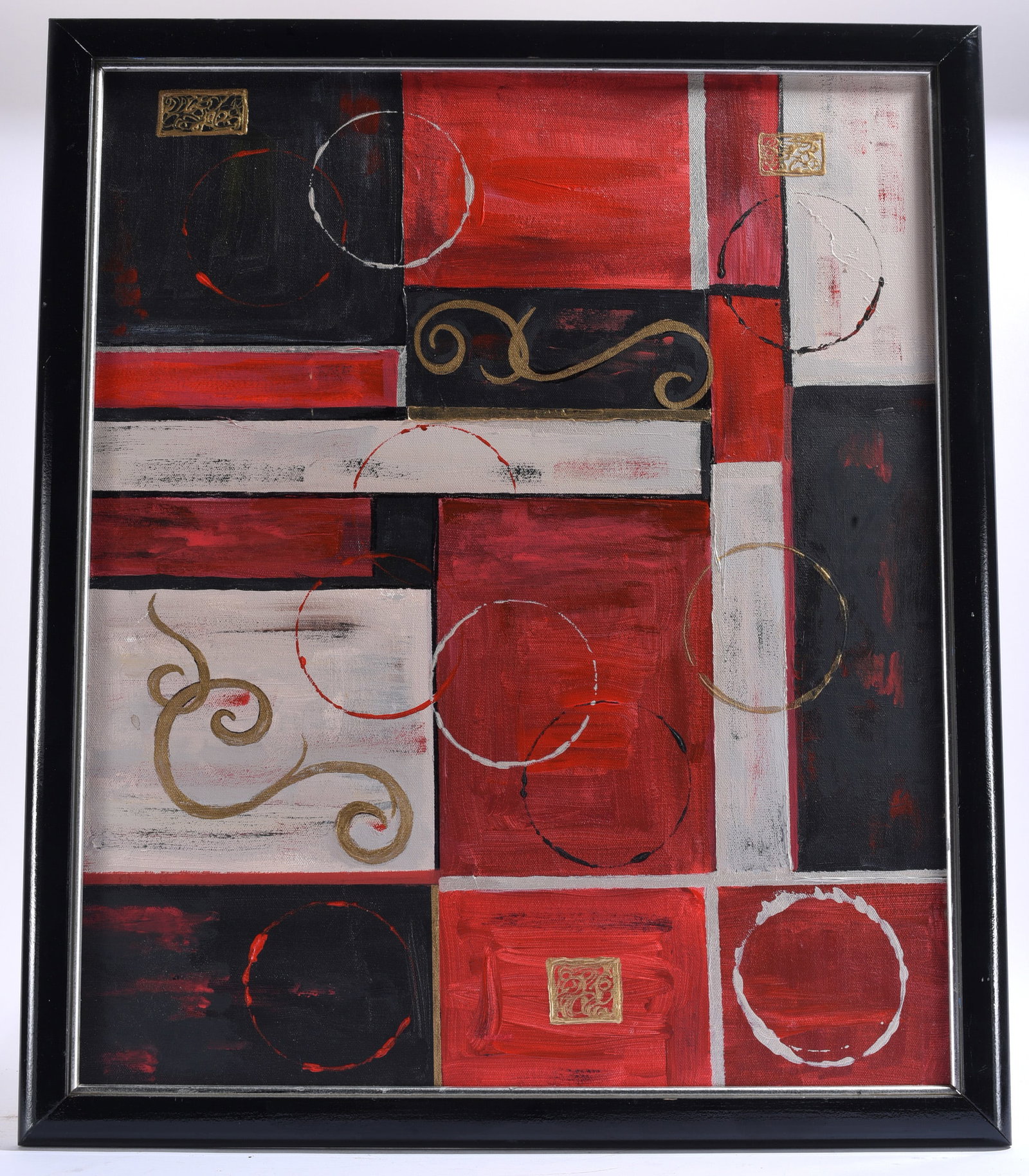 Abstract Geometric Composition Painting: 22"x26" Original abstract acrylic painting featuring geometric blocks, circles, and metallic scroll motifs in shades of red, black, white, and gold.