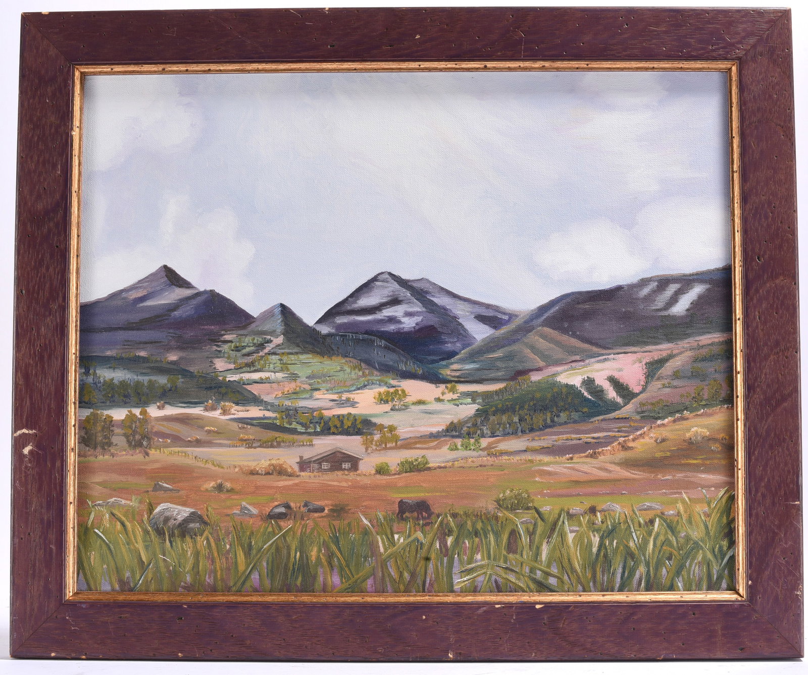 Mountain Valley Landscape Painting: 23.5"x19.5" Original mountain landscape painting depicting rolling foothills, ranch buildings, and distant snow-capped peaks. Presented in a rustic wood frame.