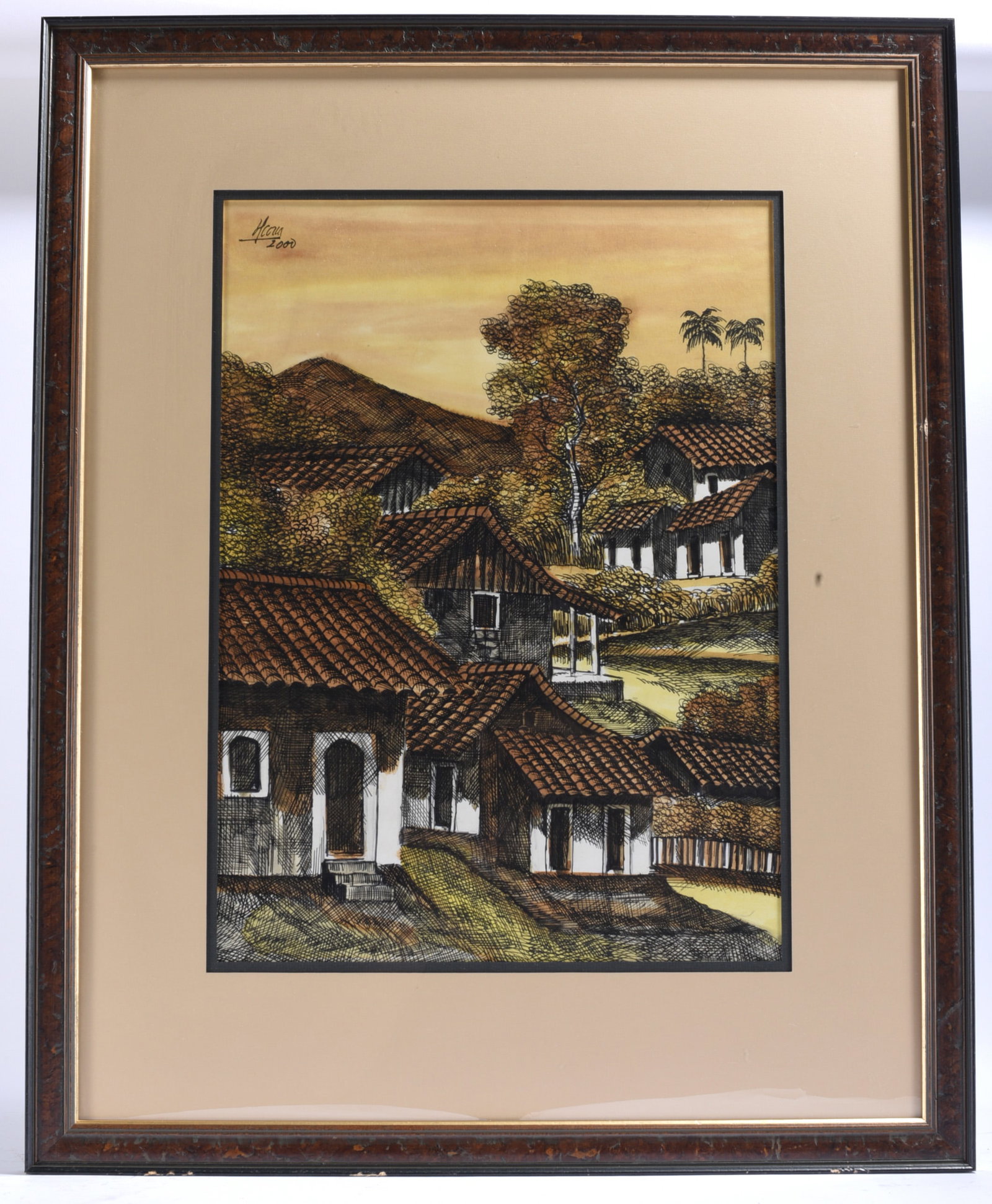 Framed Village Landscape Mixed Media Signed (1 of 1)