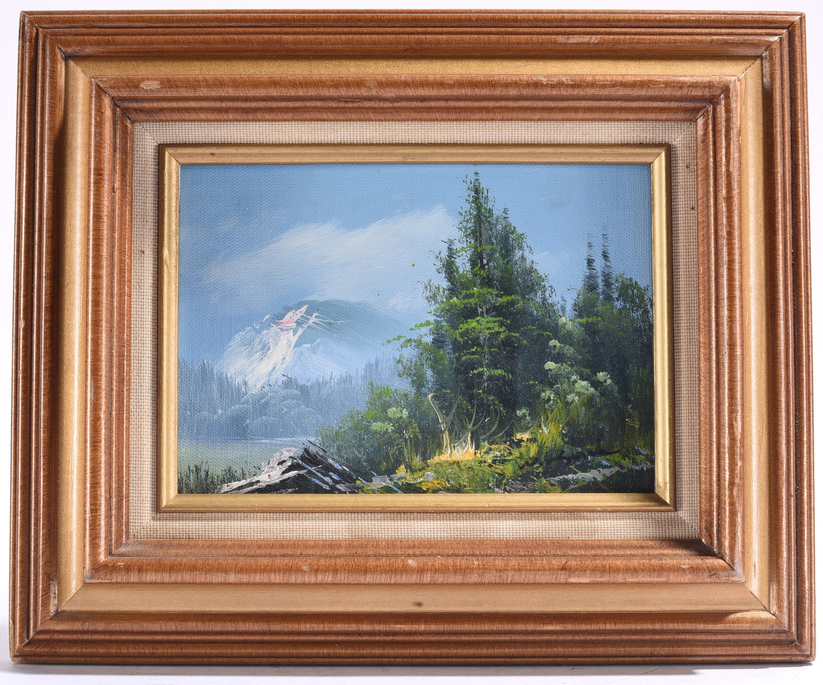 Mountain Wilderness Landscape Oil Painting Signed: 11.5"x10" Original oil landscape depicting evergreen trees with distant snow-covered mountains. Signed lower right and presented in a decorative wood frame.