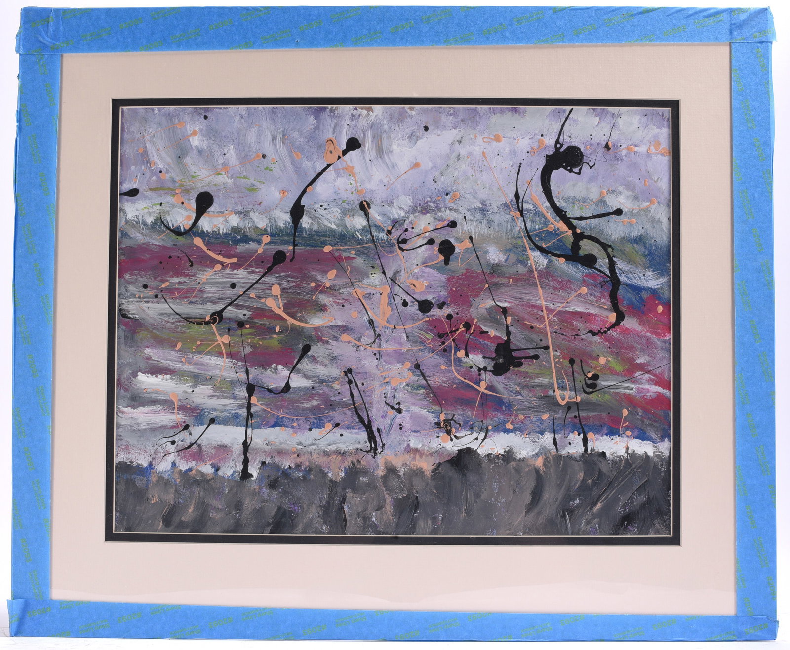 Abstract Expressionist Mixed Media Painting Signed Brendal Williams: 24"x20" Contemporary abstract expressionist mixed media painting with energetic splatter and layered brushwork in purple, gray, black, and pink tones. Matted for framing.