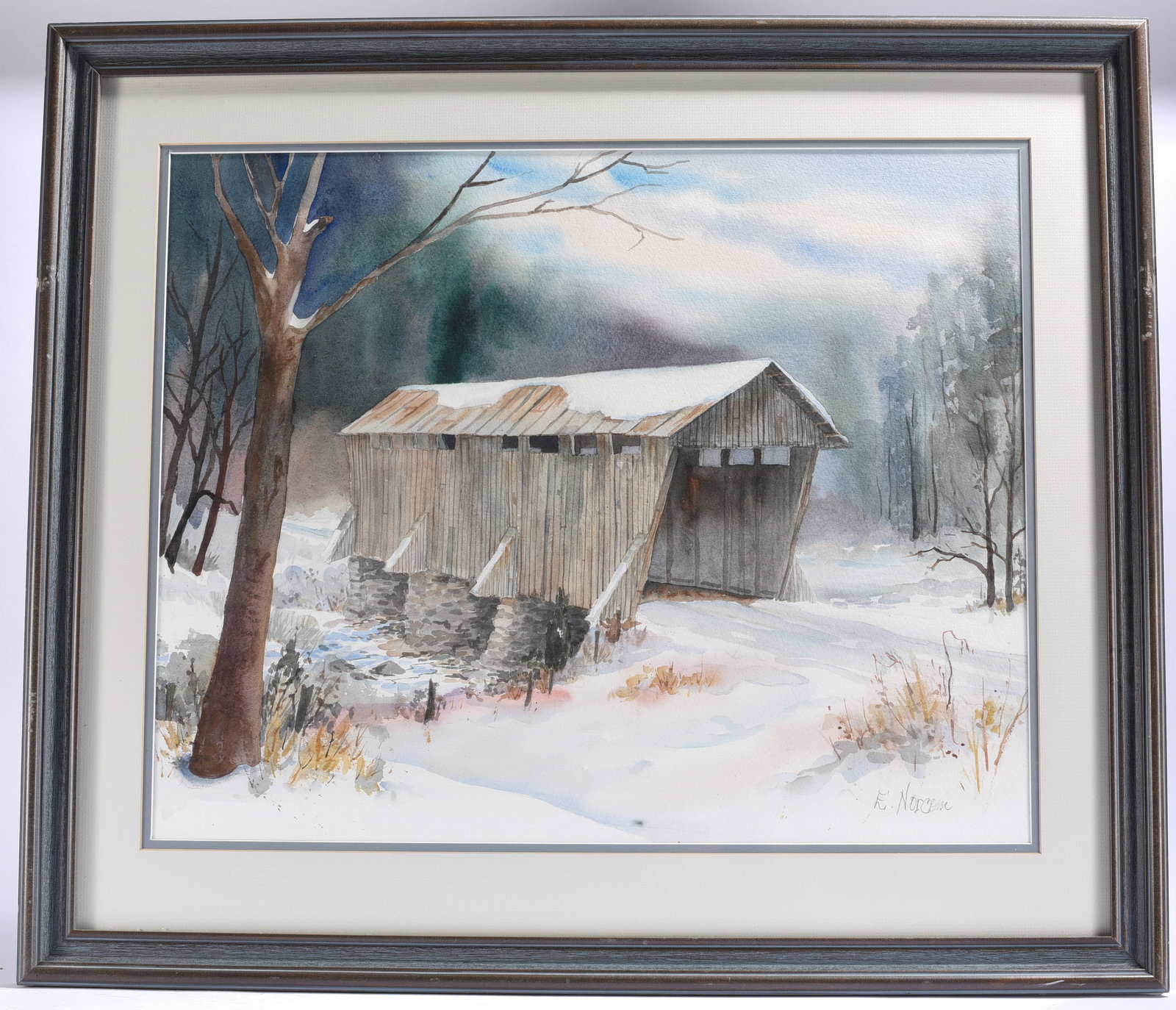 K. Norgem Winter Covered Bridge Watercolor Signed (1 of 1)