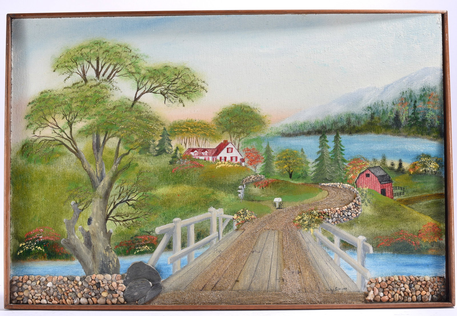 Country Bridge Landscape ,Mixed Meida Painting Signed: 24.5"x16.5" Original oil painting depicting a picturesque country bridge leading to a lakeside farmhouse surrounded by colorful gardens and trees. Signed lower right.