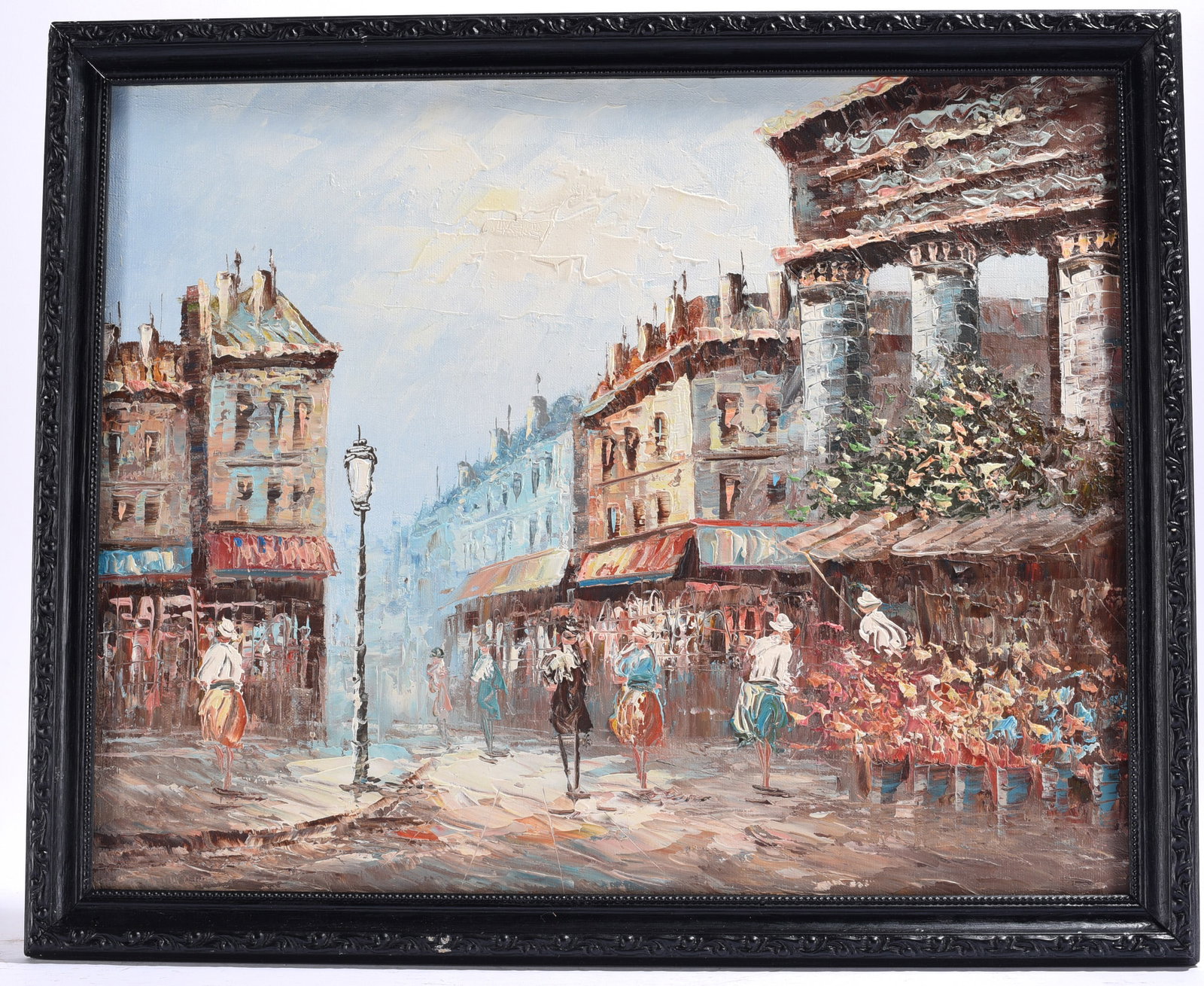 Paris Street Scene Impressionist Oil Painting: 22"x18" Original impressionist-style oil painting depicting a lively Parisian street lined with caf?s, flower vendors, and strolling figures. Signed lower right and presented in a decorative frame.