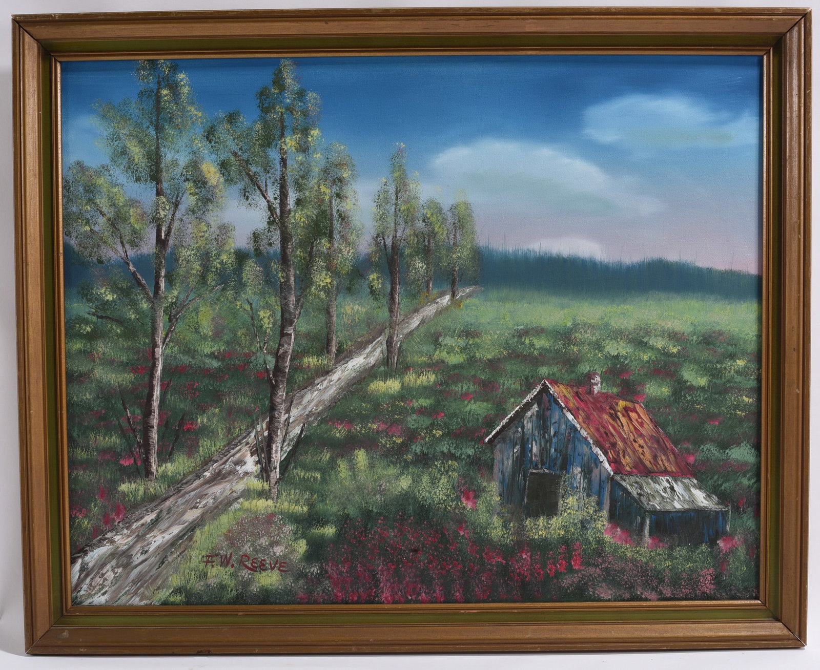 F.W. Reeve Rural Landscape Oil Painting Signed: 31"x25" Original landscape oil painting by F.W. Reeve depicting a weathered blue barn along a country lane bordered by flowering fields. Signed lower left and framed.