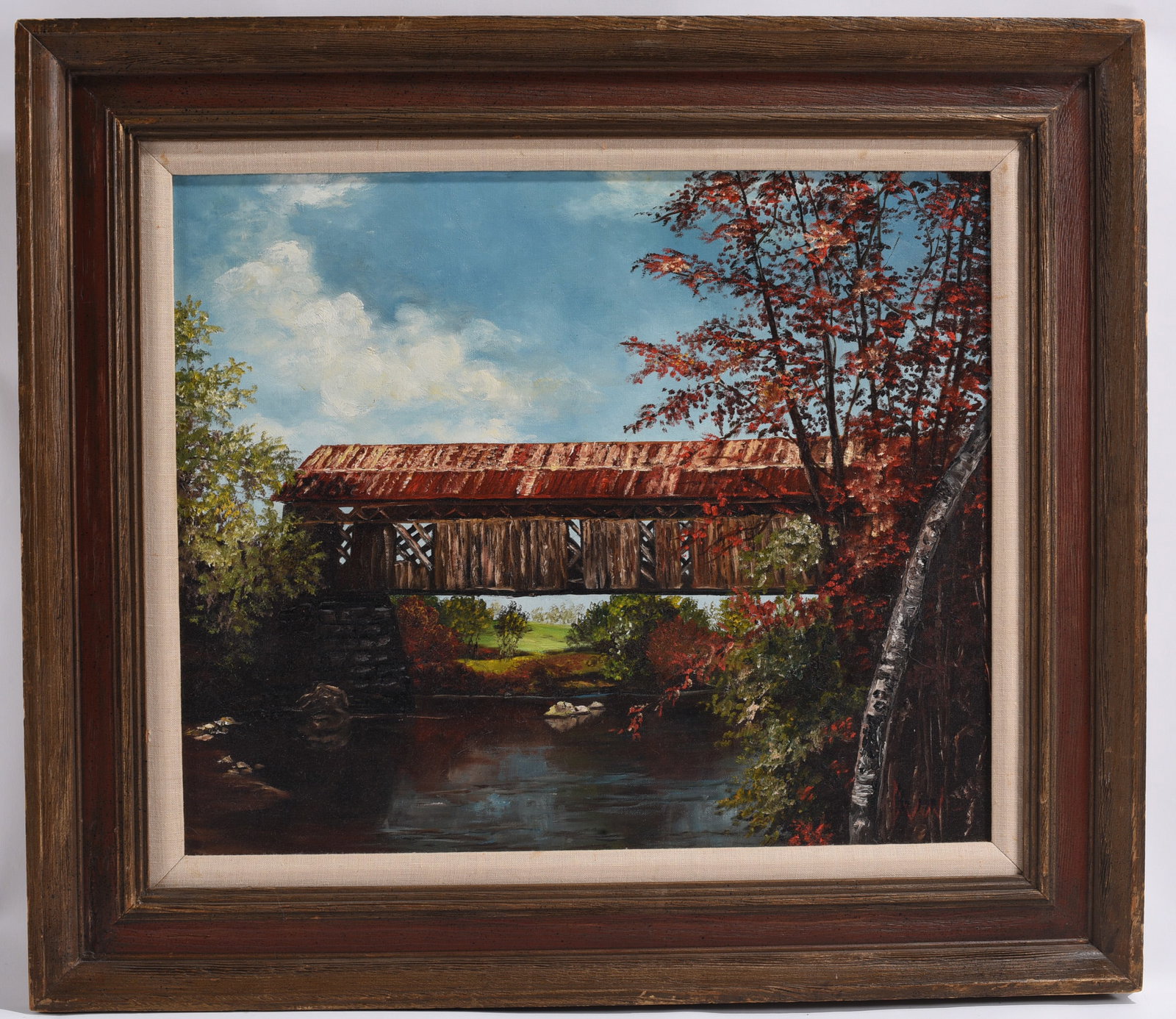 Dawn Couros Covered Bridge Autumn Landscape Oil Painting - Signed on Back (1 of 2)