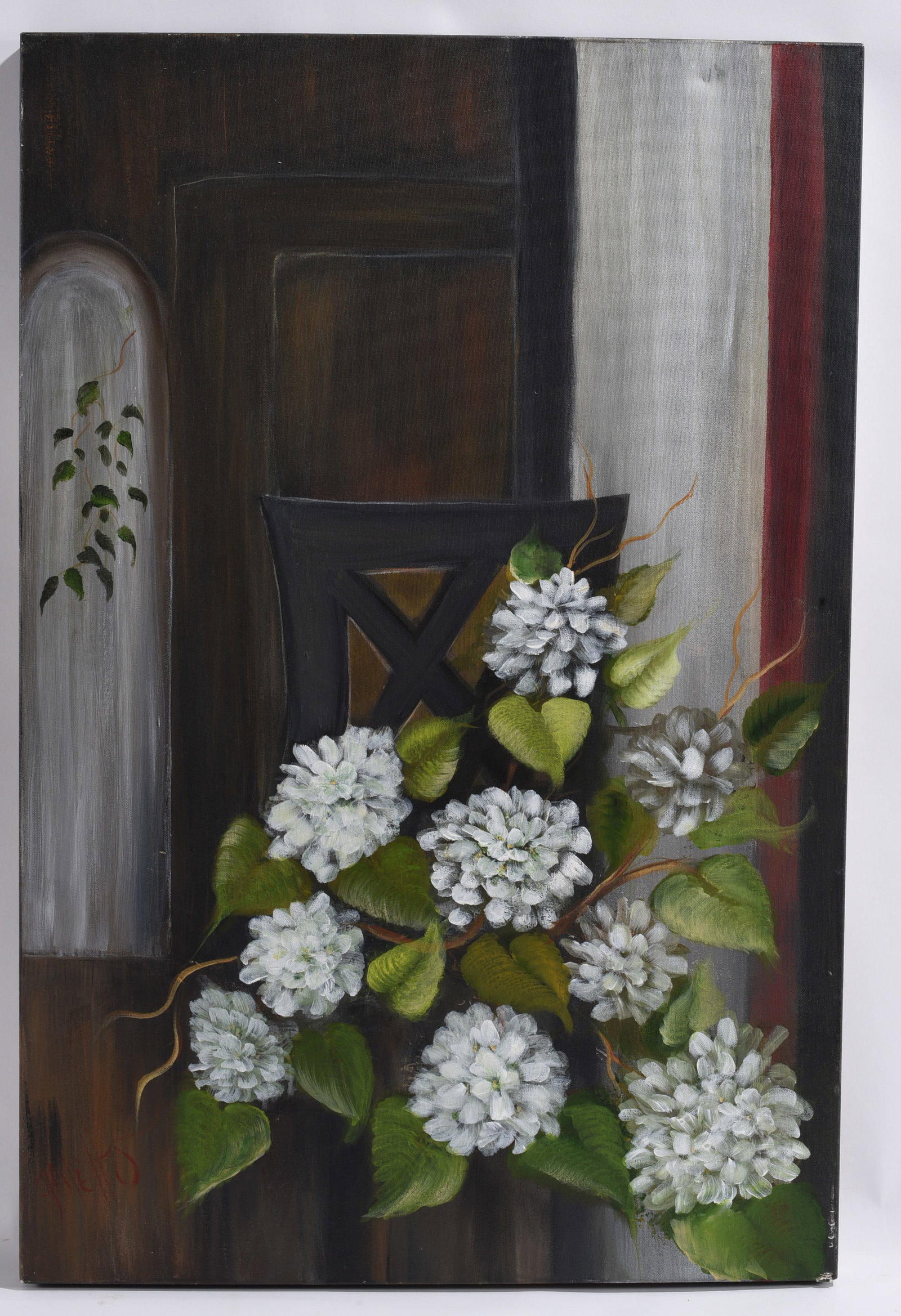 Contemporary White Floral Still Life Painting Signed: 24"x36" Original contemporary floral still life depicting white blossoms arranged before a dark interior with decorative architectural elements. Signed lower left and unframed canvas.