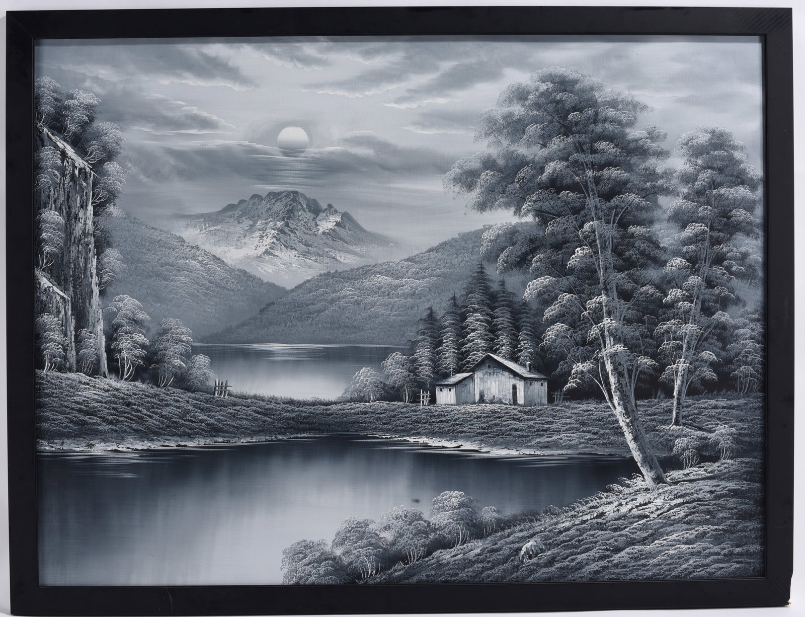 Robert Warren Monochrome Mountain Lake Landscape Oil Painting: 51.5"x39.5" Original monochromatic landscape oil painting by Robert Warren depicting a tranquil mountain lake with a rustic cabin beneath snow-covered peaks. Signed lower left and framed.