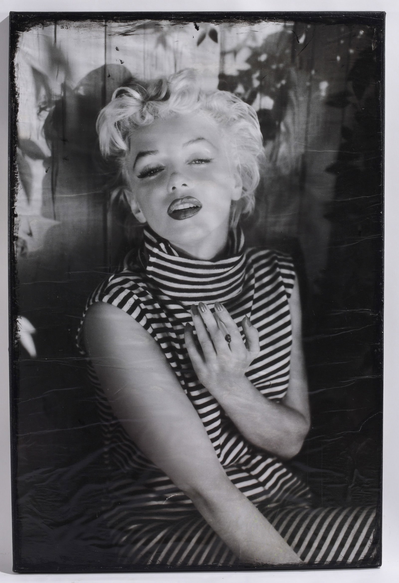 Marilyn Monroe Black & White Portrait Print: 24"x36" Decorative black and white portrait print of Marilyn Monroe in a striped turtleneck, presented in a black frame.