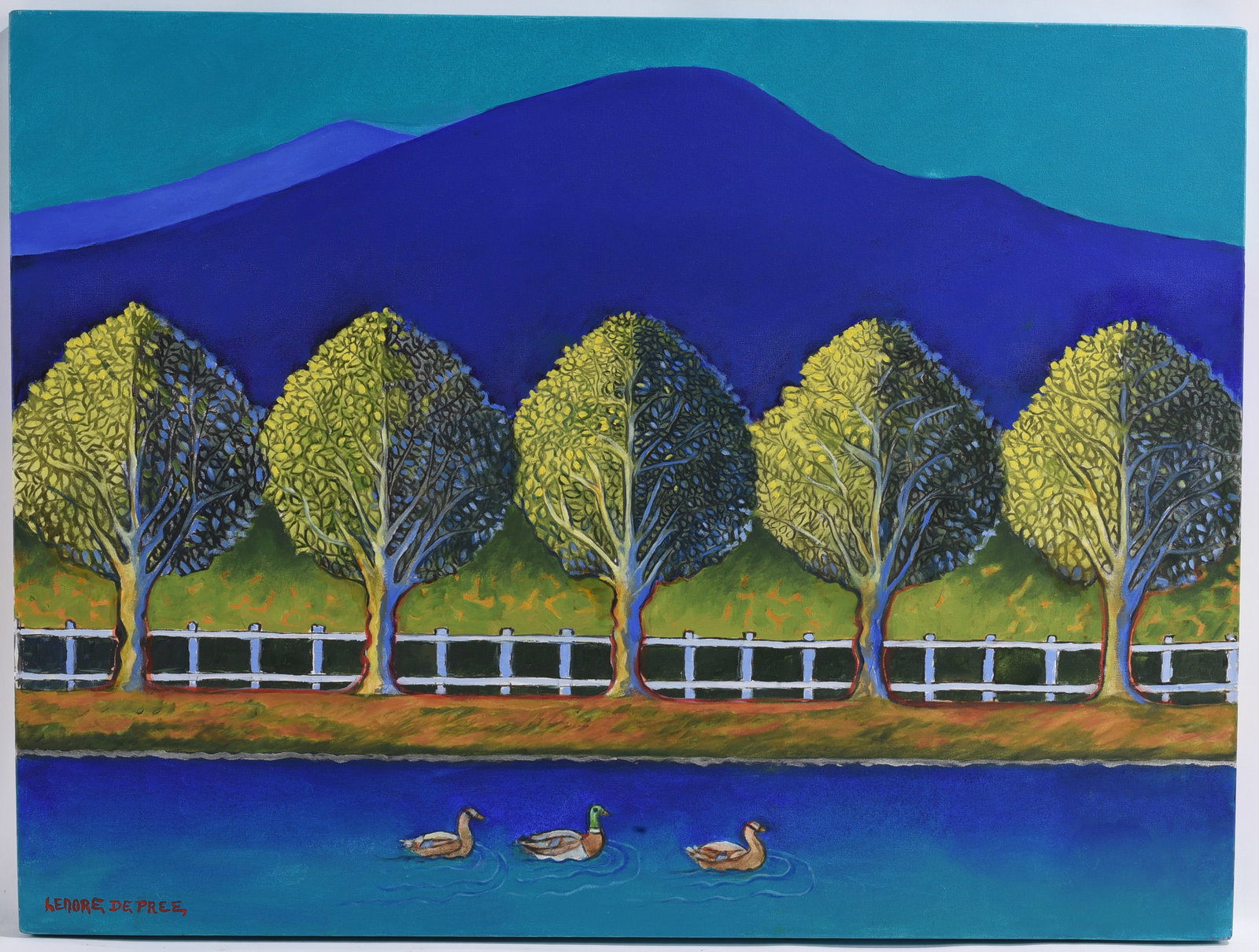 Lendore DePres Folk Art Landscape Oil Painting Signed: 40.5"x30" Original folk art style landscape oil painting by Lendore DePres depicting a row of trees, white fence, mountains, and ducks swimming on a pond. Signed lower left and unframed canvas.