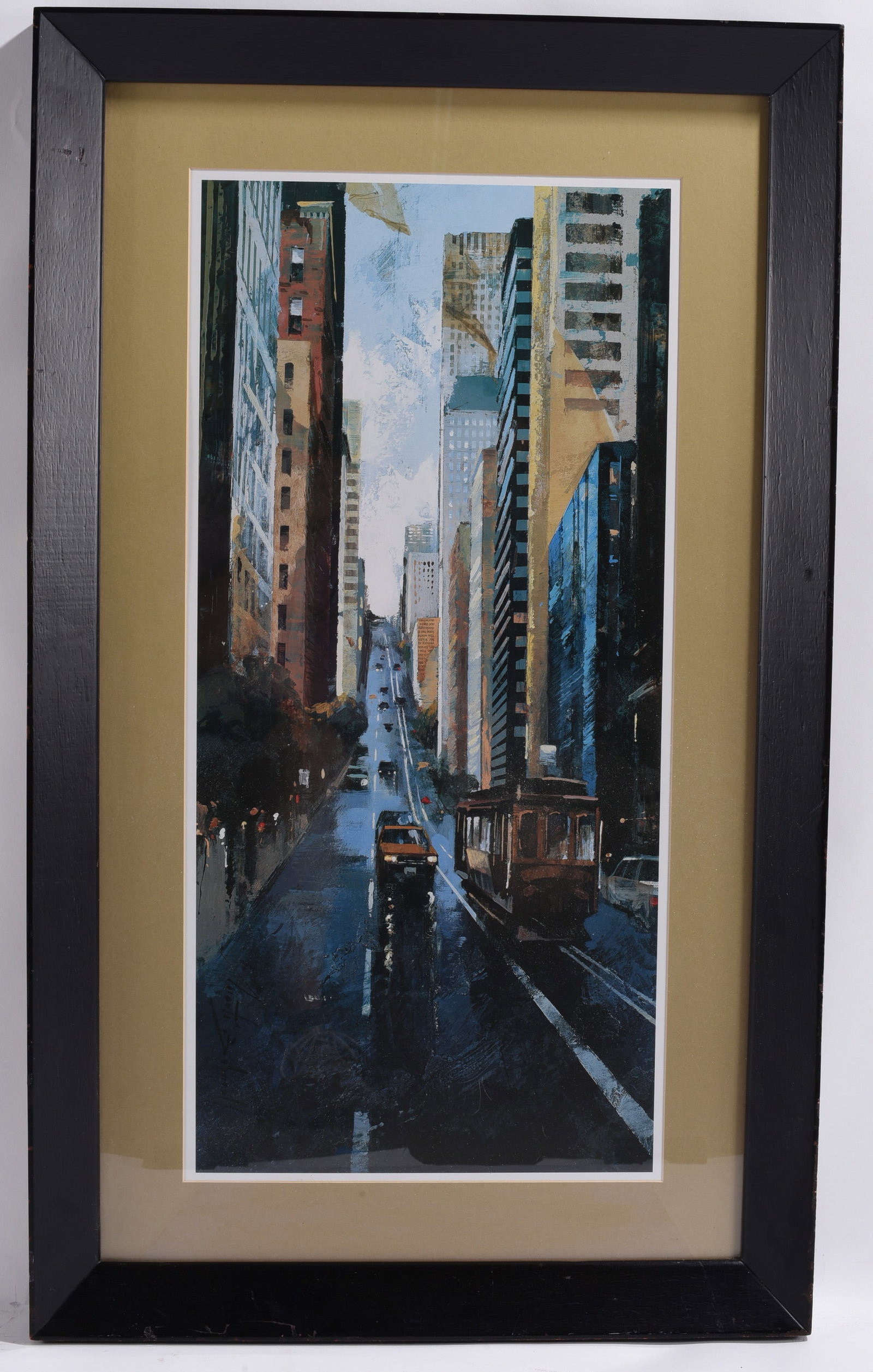 San Francisco Cable Car City Street Print: 24"x40" Original cityscape painting depicting San Francisco's steep streets with cable cars and downtown skyscrapers. Matted and framed under glass.