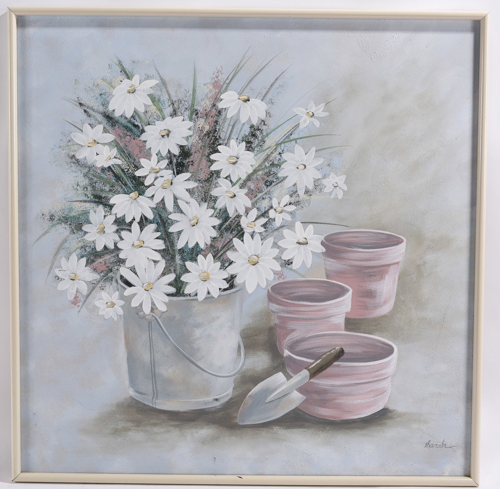 Still Life with White Daisies and Garden Pots Painting Signed (1 of 2)