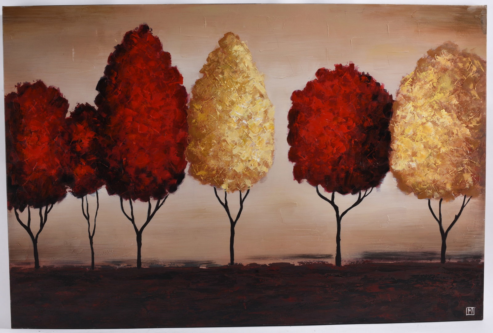 Contemporary Red and Gold Trees Landscape Painting Signed: 60"x40" Contemporary acrylic painting depicting a row of textured red and gold trees against a neutral background. Signed lower right. Unframed canvas.