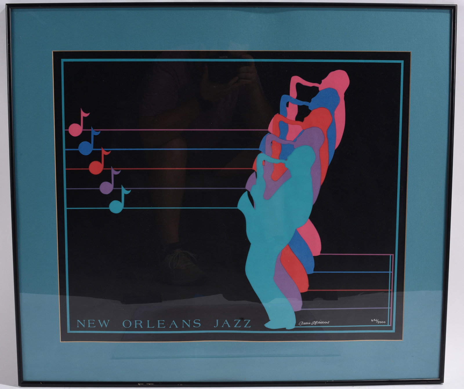 New Orleans Jazz Limited Edition Print Signed: 32"x28" Limited edition New Orleans Jazz print featuring colorful silhouetted saxophone players with musical notes. Numbered, matted, and framed under glass.