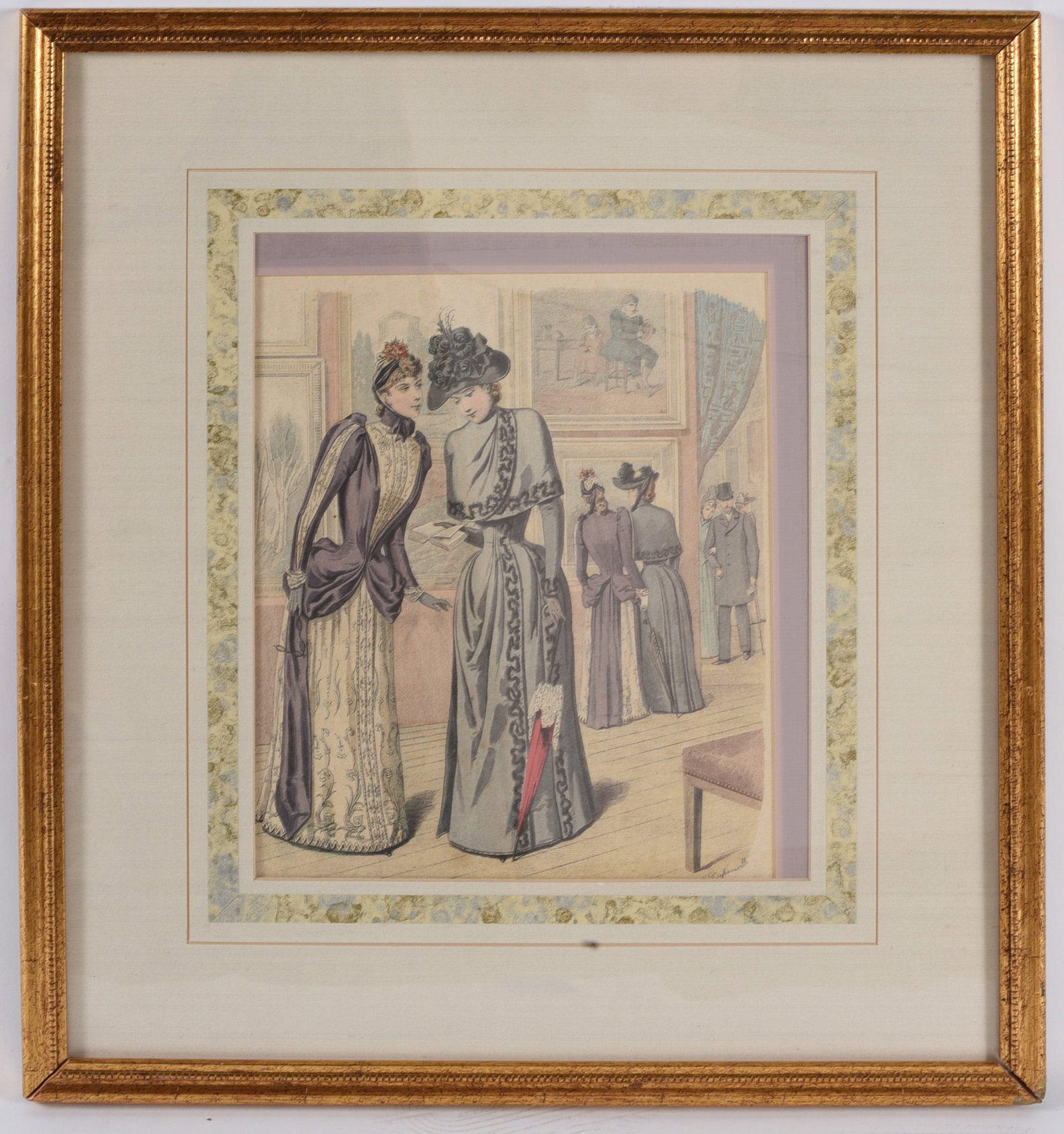 Framed Victorian Fashion Plate Hand-Colored Print: 17"x19" Hand-colored Victorian fashion plate print depicting elegantly dressed ladies in period attire, likely reproduced from a late 19th-century fashion publication. Double matted and housed in a gi