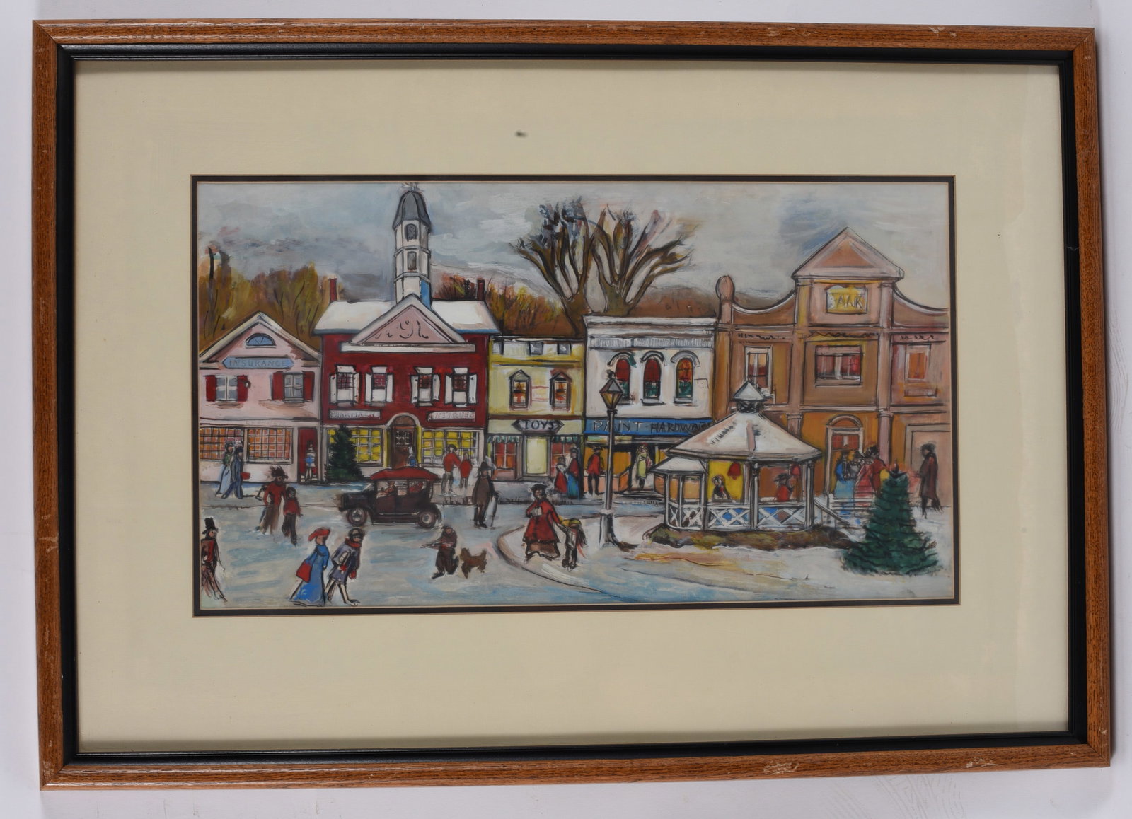 Framed Folk Art Winter Village Painting (1 of 1)