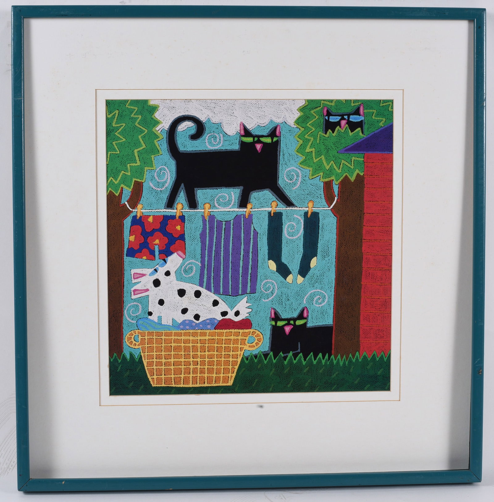 Framed Contemporary Folk Art Cat & Laundry Print (1 of 1)