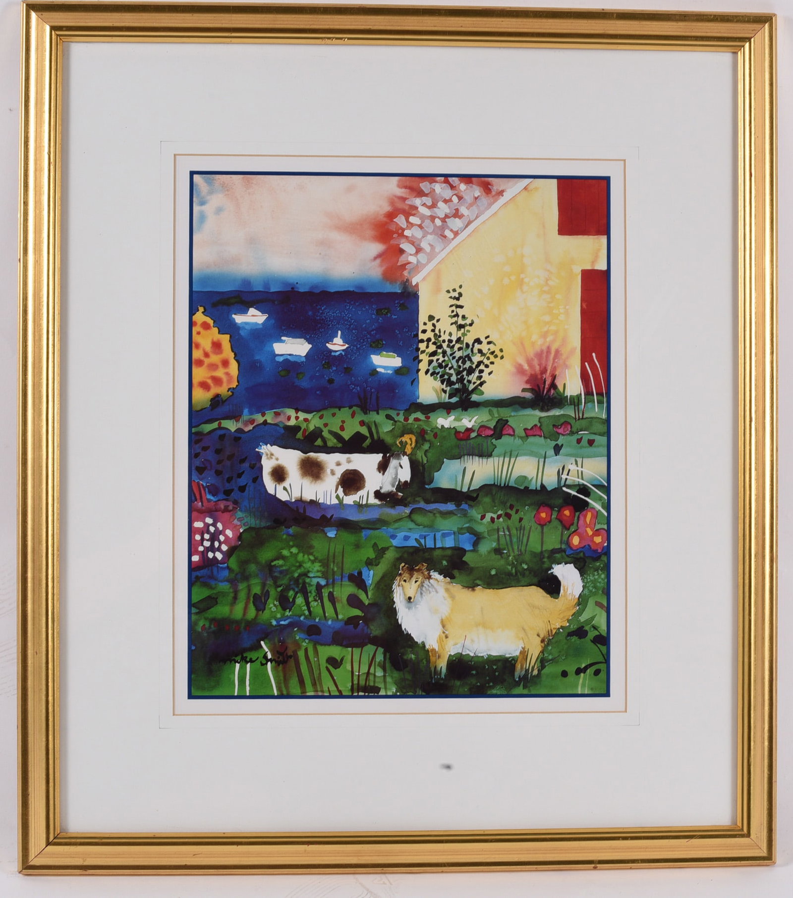 Framed Contemporary Farm Landscape Print with Collie Dog: 22"x24" Colorful contemporary print depicting a farmhouse garden with grazing livestock and a collie dog in the foreground. Matted and housed in a gilt frame, offering bright country charm for home d?