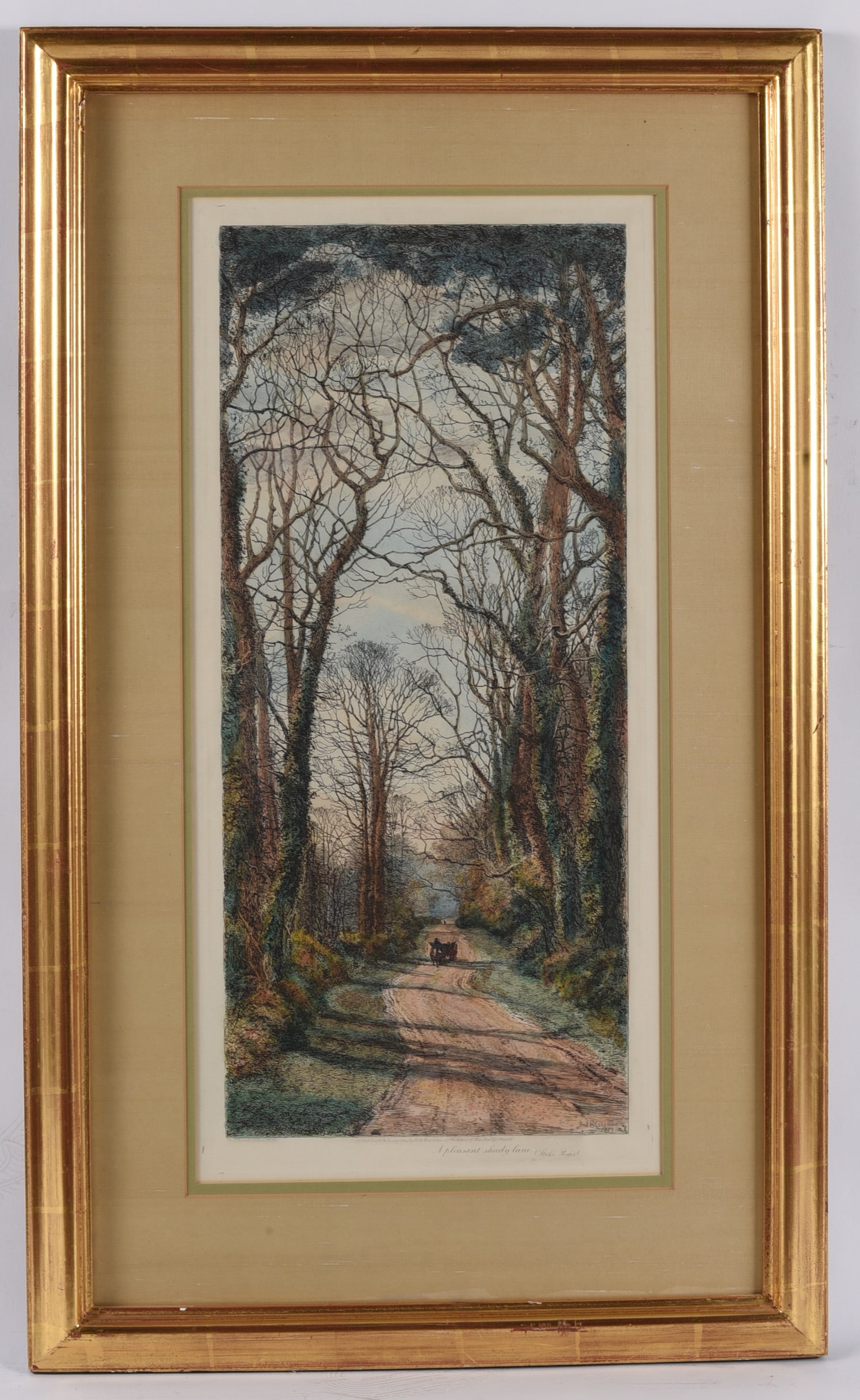 Framed Country Lane Landscape Print: 21.5"x36" dated 1883 Decorative landscape print depicting a tree-lined country road with a horse-drawn carriage traveling beneath towering trees. Matted and framed under glass in a gilt frame, creatin