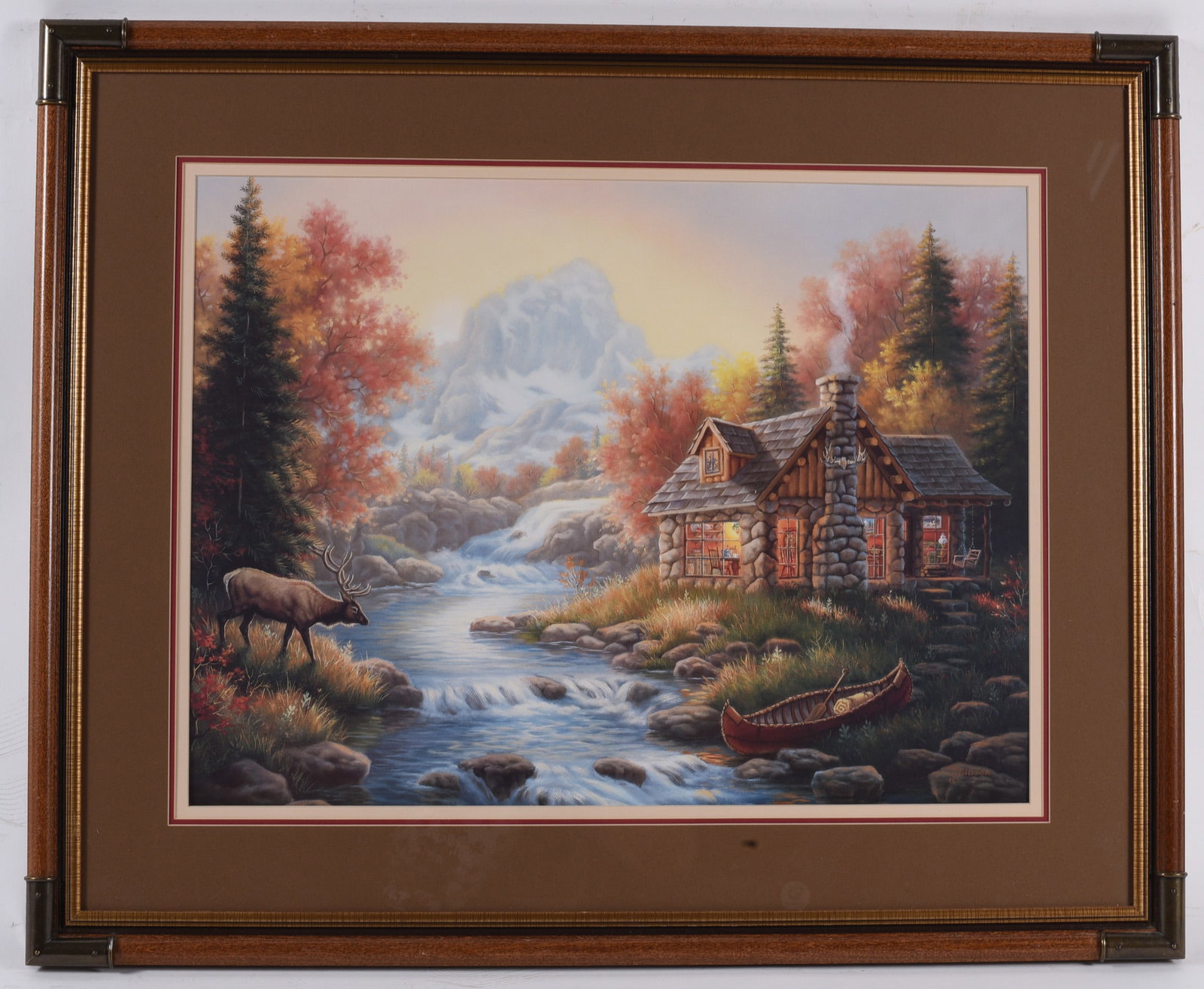 Framed Mountain Cabin Wildlife Landscape Print (1 of 1)