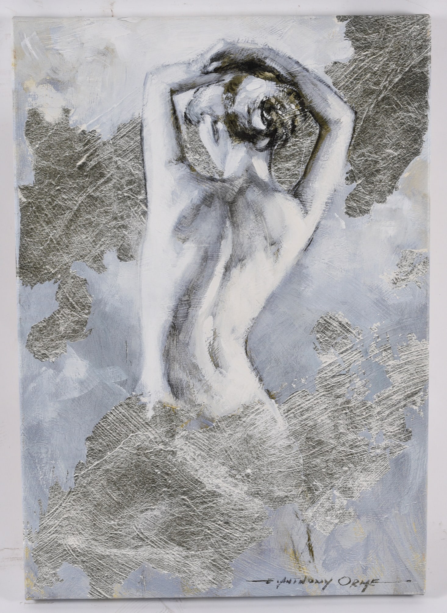 Anthony Orme Abstract Figural Mixed Media Print on Canvas: 18"x26" Painting print by Anthony Orme depicting an abstract female figure rendered in monochromatic tones with metallic silver leaf accents. A striking contemporary artwork on canvas.