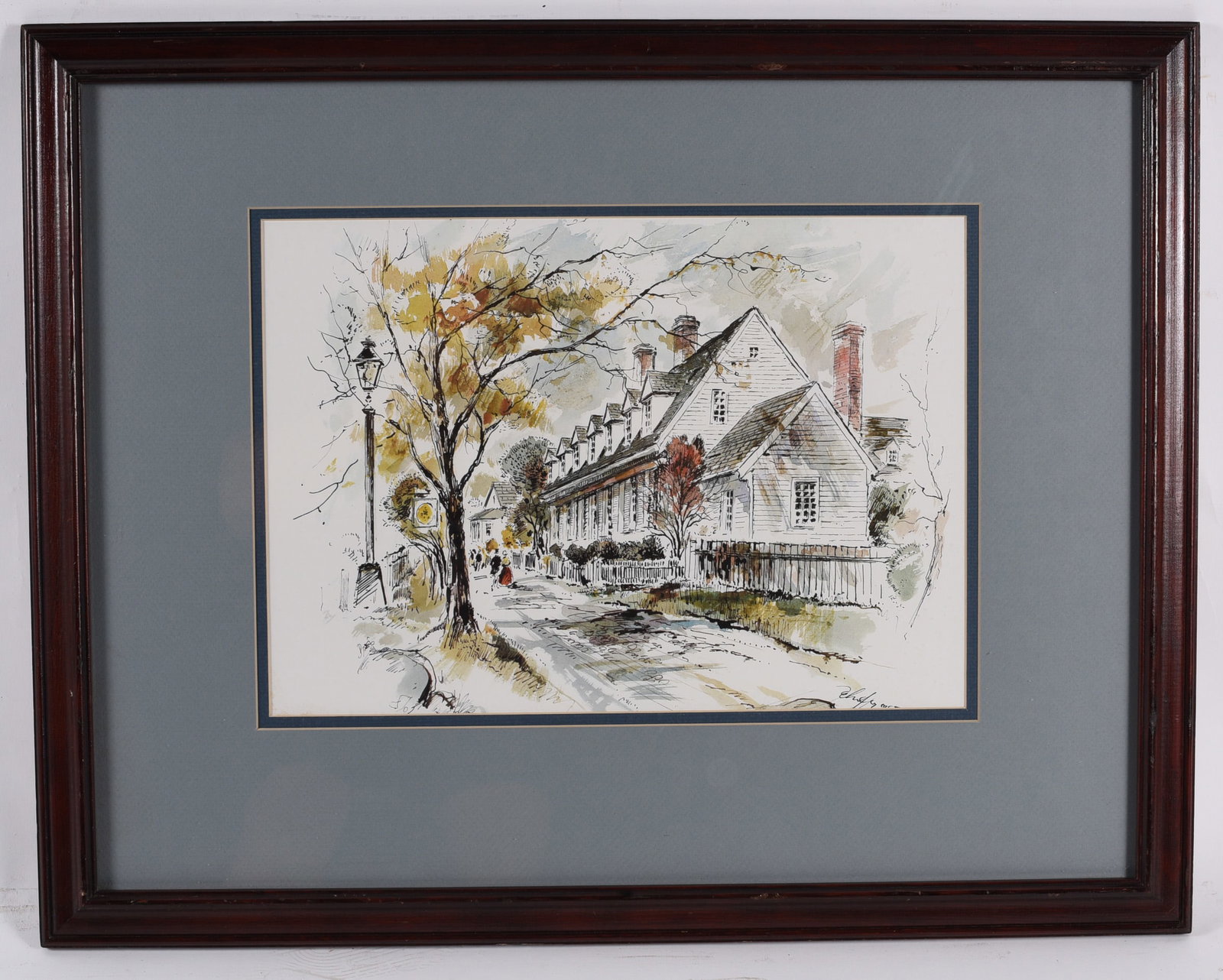 Mixed Media Signed Framed Architectural Streetscape Print: 28"x22" Framed watercolor and ink architectural streetscape depicting historic colonial buildings along a tree-lined sidewalk. Matted under glass in a dark wood frame, providing timeless architectural