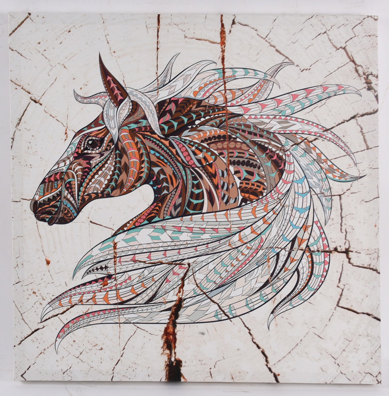Contemporary Abstract Horse Head Canvas Print: 24"x24" Contemporary canvas print depicting a stylized horse head rendered with intricate geometric and tribal-inspired patterns against a weathered wood background. A bold decorative statement for mo