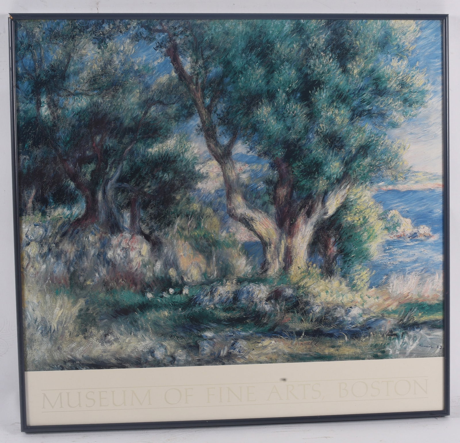 Framed Museum of Fine Arts Boston Renoir Exhibition Poster: 26"x25" Museum exhibition poster featuring a reproduction of a Pierre-Auguste Renoir landscape with olive trees and coastal scenery, published for the Museum of Fine Arts, Boston. Framed under glass f