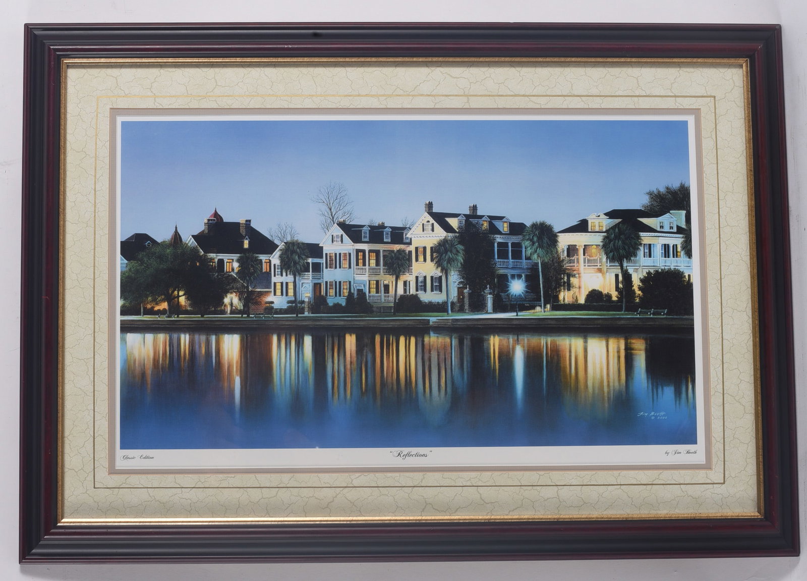 Framed "Reflections" Charleston Waterfront Print by Jim Booth: 26"x18" Framed print titled Reflections by Jim Booth depicting historic Charleston waterfront homes mirrored in calm evening waters. Matted and framed under glass, ideal for Lowcountry or Southern d?c