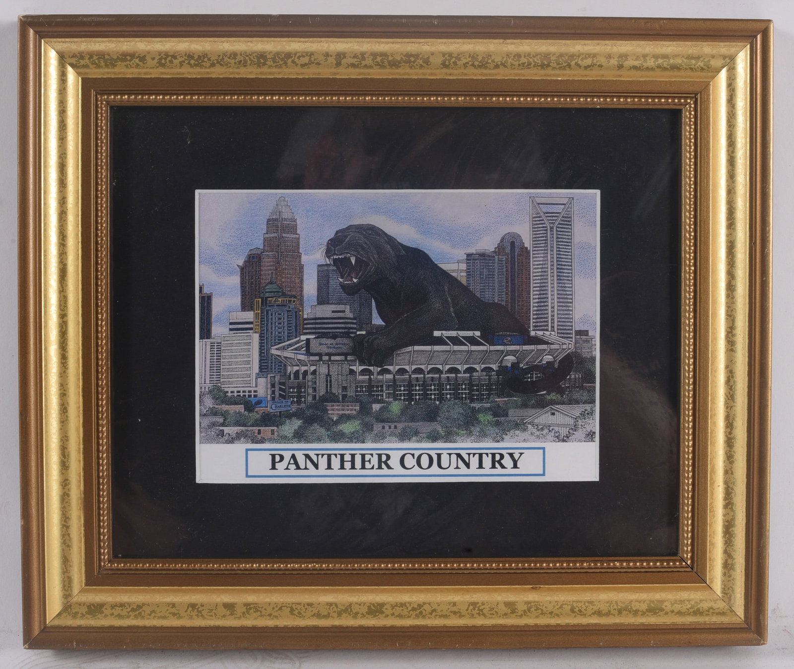 Framed Carolina Panthers "Panther Country" Print: 12"x10" Decorative Carolina Panthers themed print depicting a giant panther towering over the Charlotte skyline and football stadium. Matted and housed in an ornate gilt frame, ideal for a Panthers fa