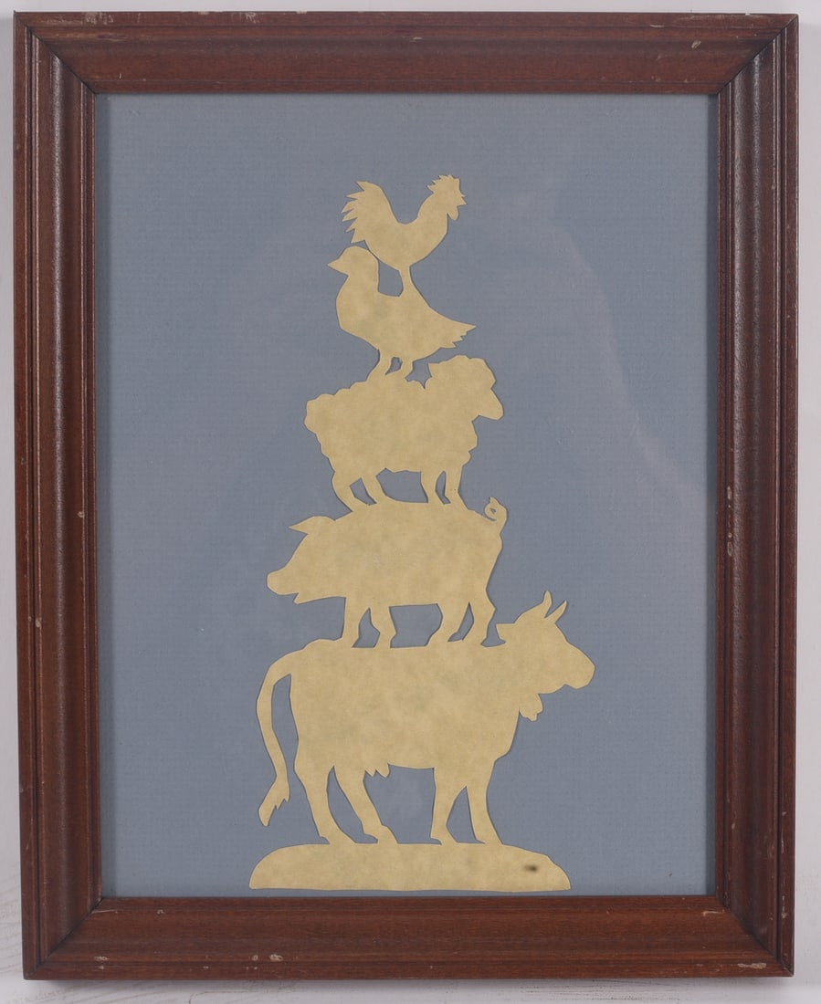 Framed Farm Animal Silhouette Folk Art Collage Cutout: 10"x12" Framed folk art silhouette depicting a rooster, hen, sheep, pig, and cow stacked in whimsical form. Matted and presented in a stained wood frame for farmhouse d?cor.