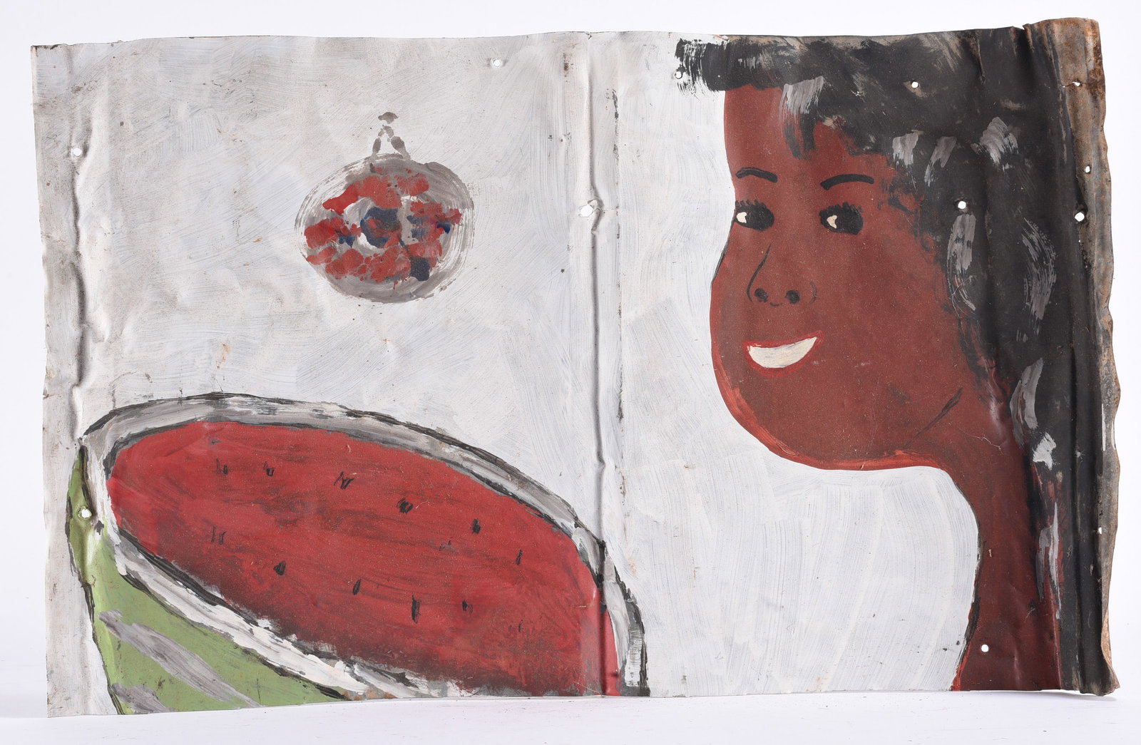 Leonard Jones Folk Art Painting: paint on roof tin. Leonard Jones is an African American painter from Lincoln County, GA that lives a simple life with no electricity and no running water. Leonard jones is a prolific painter and his a