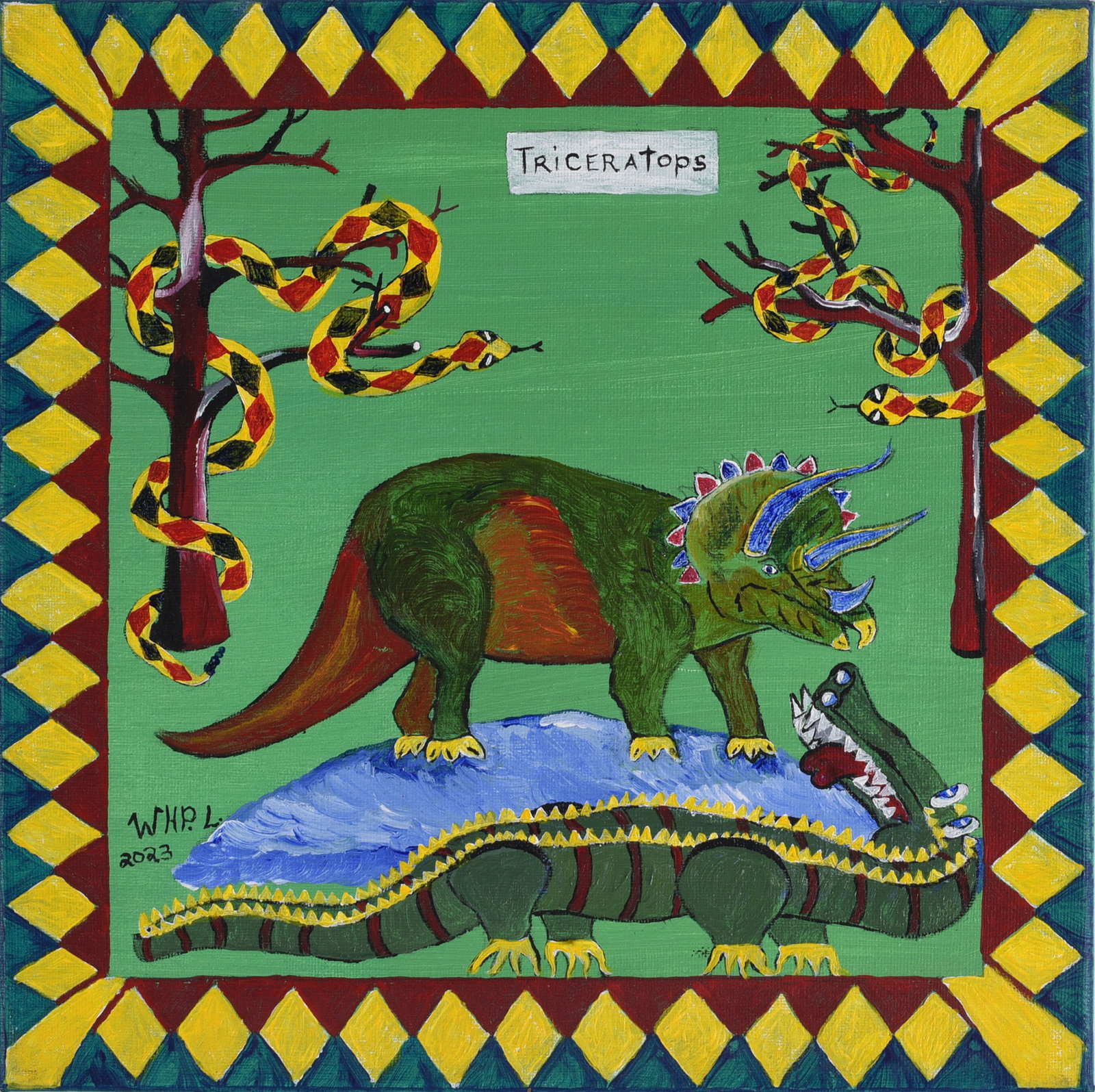 Wade Ledbetter Folk Art Painting: 12"x12" - paint on canvas. Signed. Wade Ledbetter born 1951 began picking in 1970 and became one of the southeasts most notoriouse pickers selling at auciton every Friday night for over 40 years. Wade