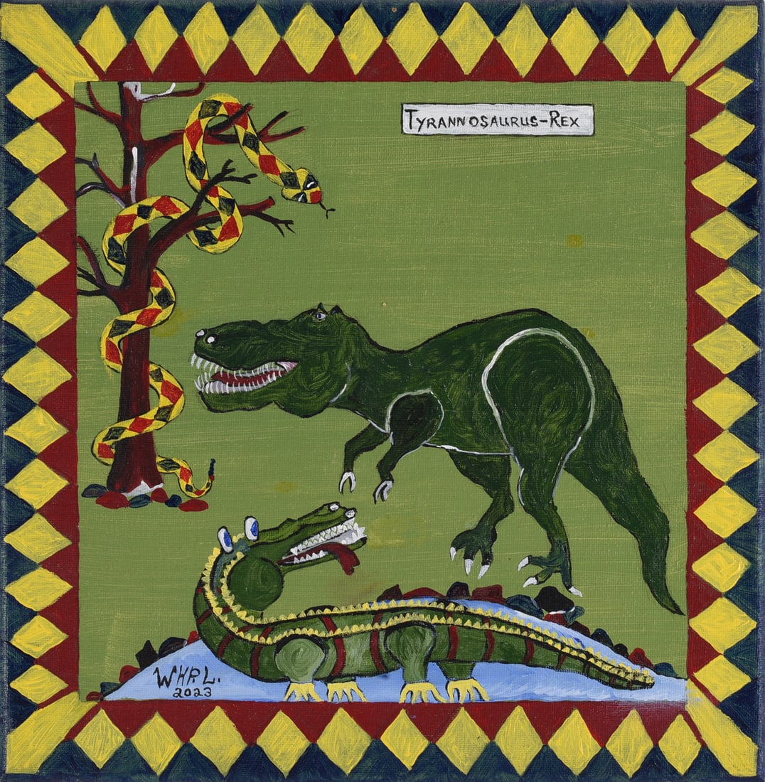 Wade Ledbetter Folk Art Painting: 12"x12" - paint on canvas. Signed. Wade Ledbetter born 1951 began picking in 1970 and became one of the southeasts most notoriouse pickers selling at auciton every Friday night for over 40 years. Wade
