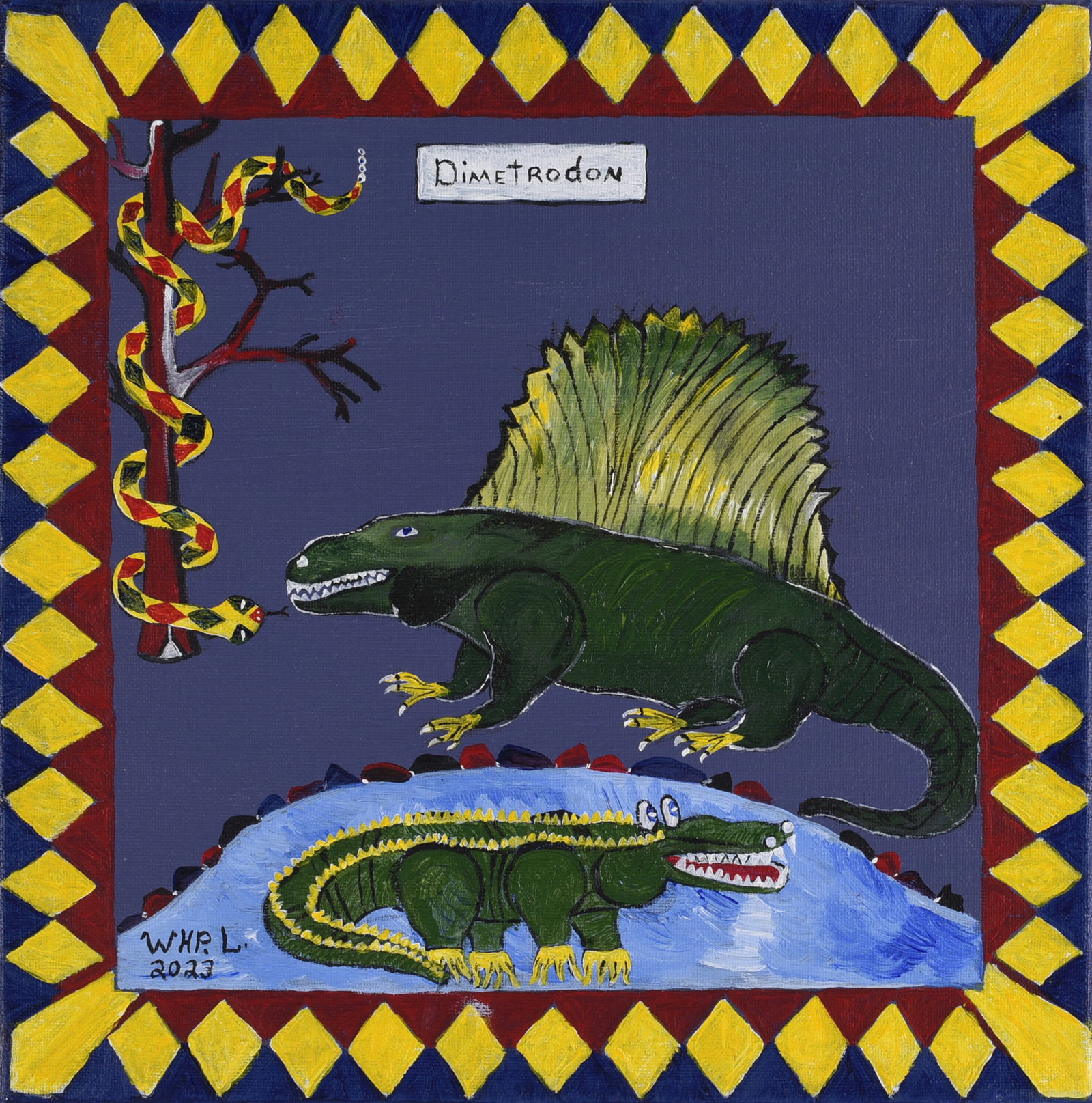 Wade Ledbetter Folk Art Painting: 12"x12" _paint on canvas. Signed. Wade Ledbetter born 1951 began picking in 1970 and became one of the southeasts most notoriouse pickers selling at auciton every Friday night for over 40 years. Wade 