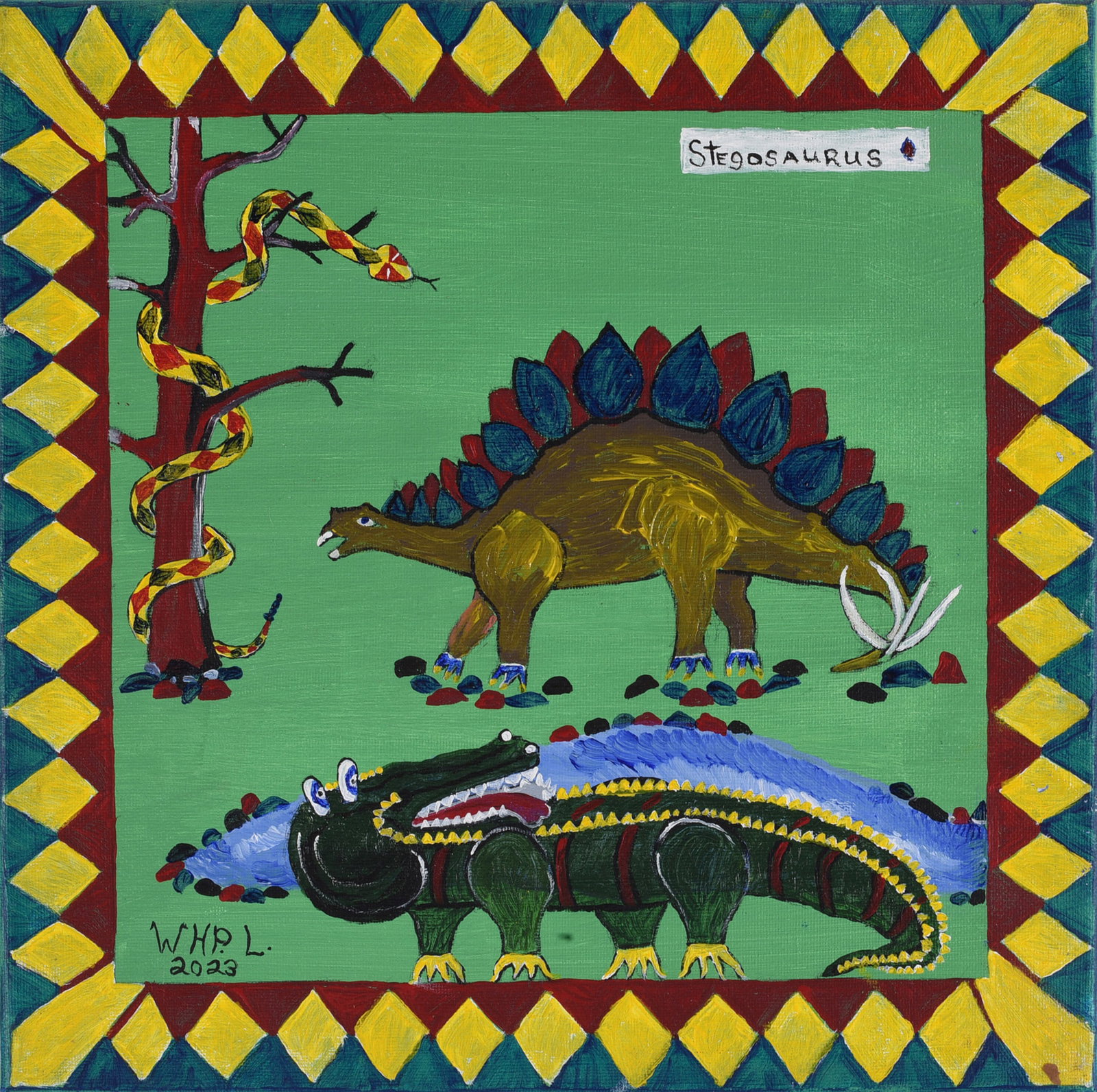 Wade Ledbetter Folk Art Painting: 12"x12" - paint on canvas. Signed. Wade Ledbetter born 1951 began picking in 1970 and became one of the southeasts most notoriouse pickers selling at auciton every Friday night for over 40 years. Wade